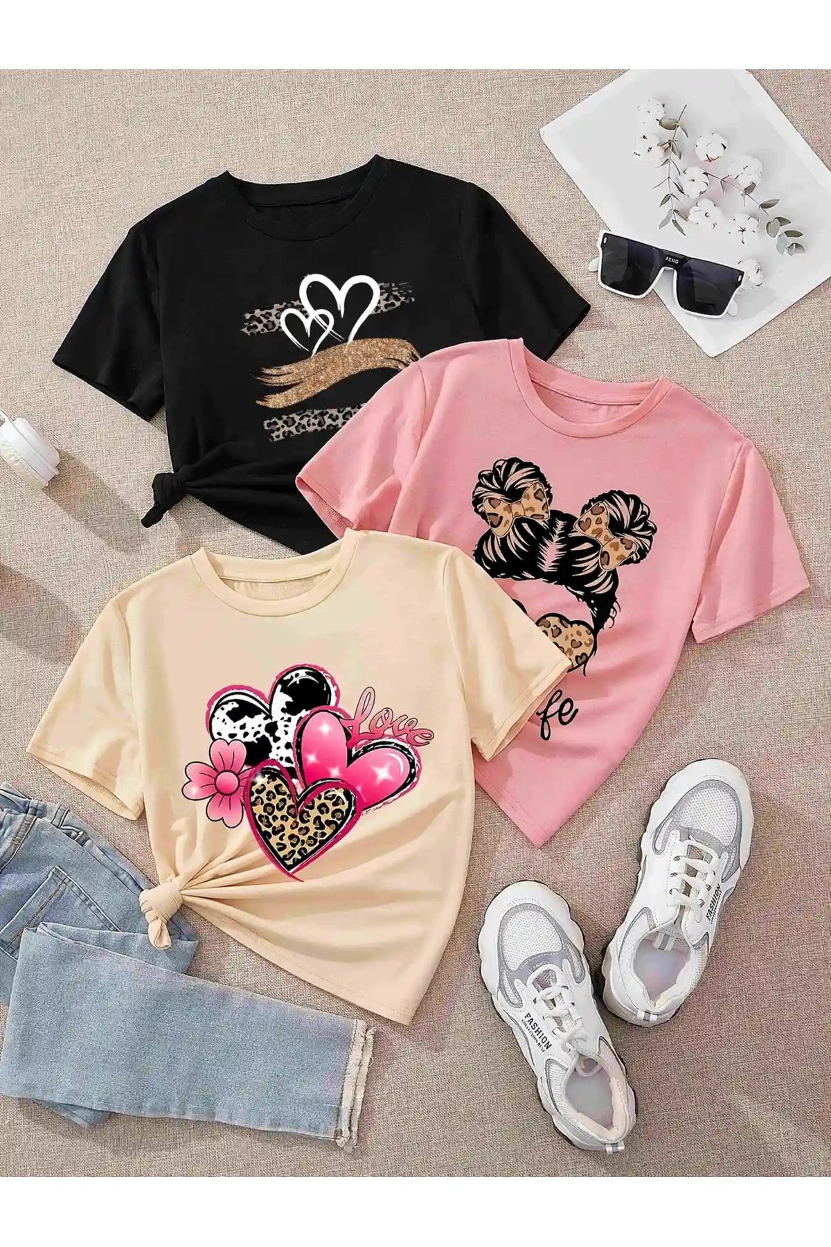 aynewmoda 3 Parça Karikatür Rahat Kalp Baskılı Kaplan Derisi Desenli Tişört Seti - 3 Parça 1200