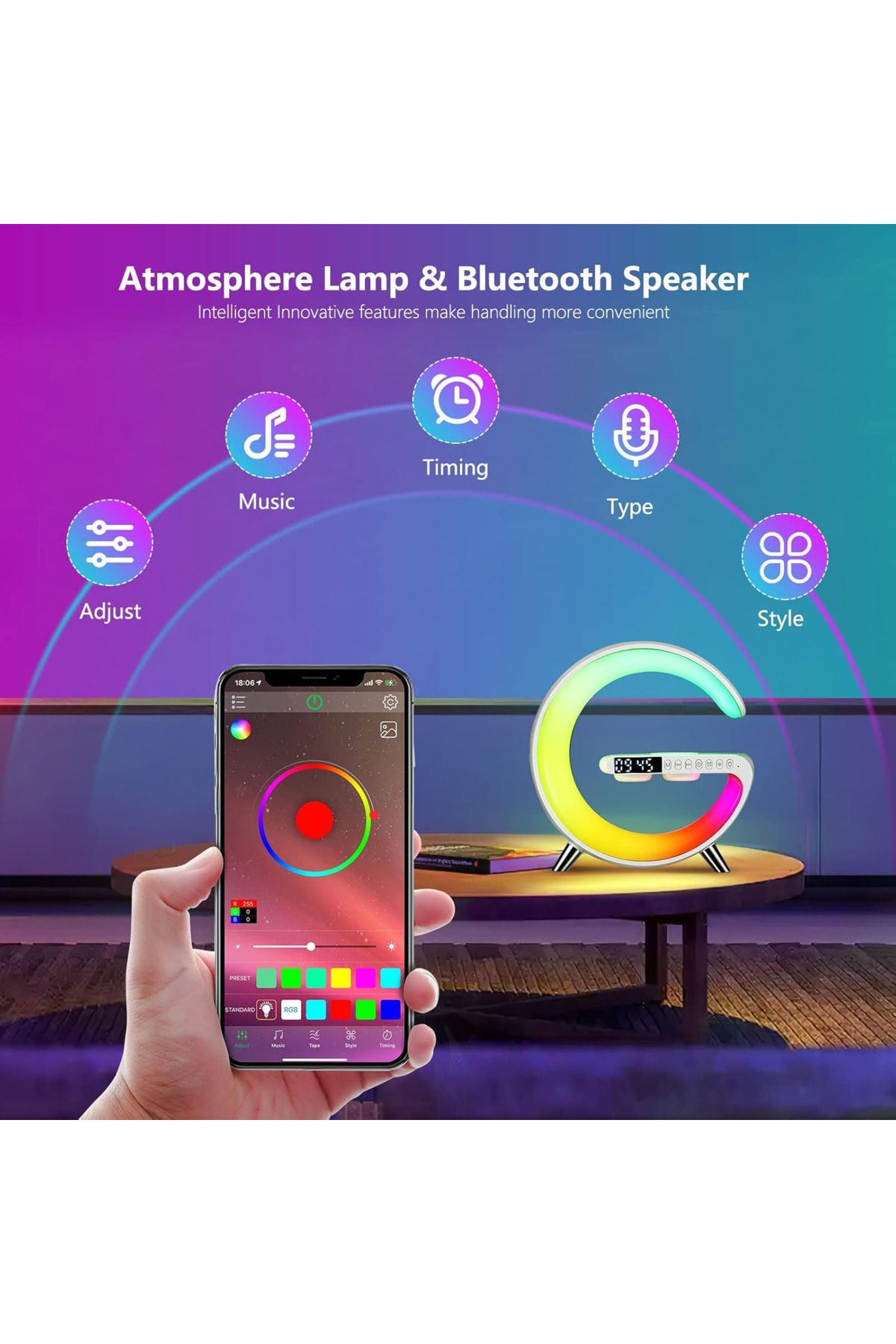 Primo Plus-Wireless Charger Atmosphere Lamp, Intelligent LED Table Bluetooth Speaker, App Control 3