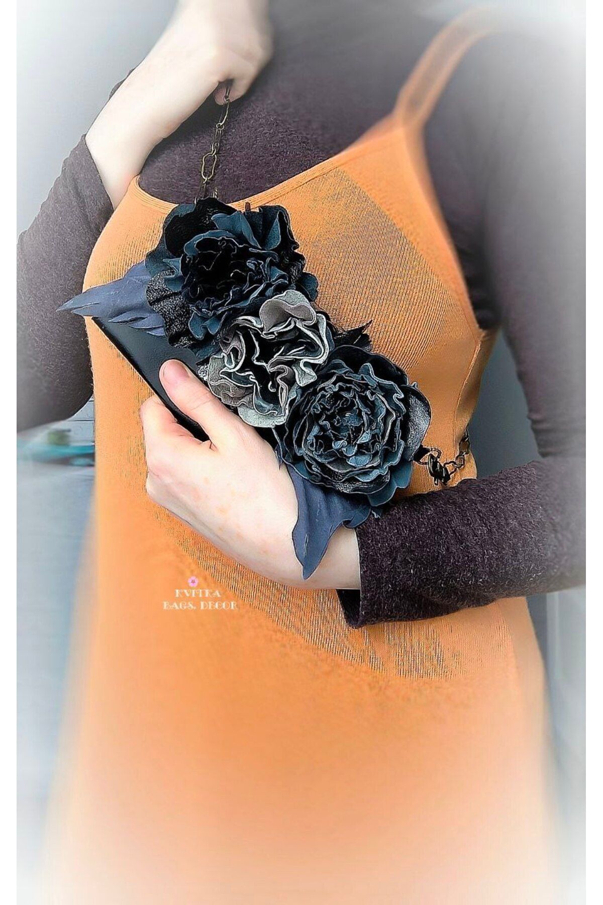 BagsDecor Abiye siyah gri Hakiki Deri çiçekli gül şakayık clutch Klatch cüzdan el omuz çantası