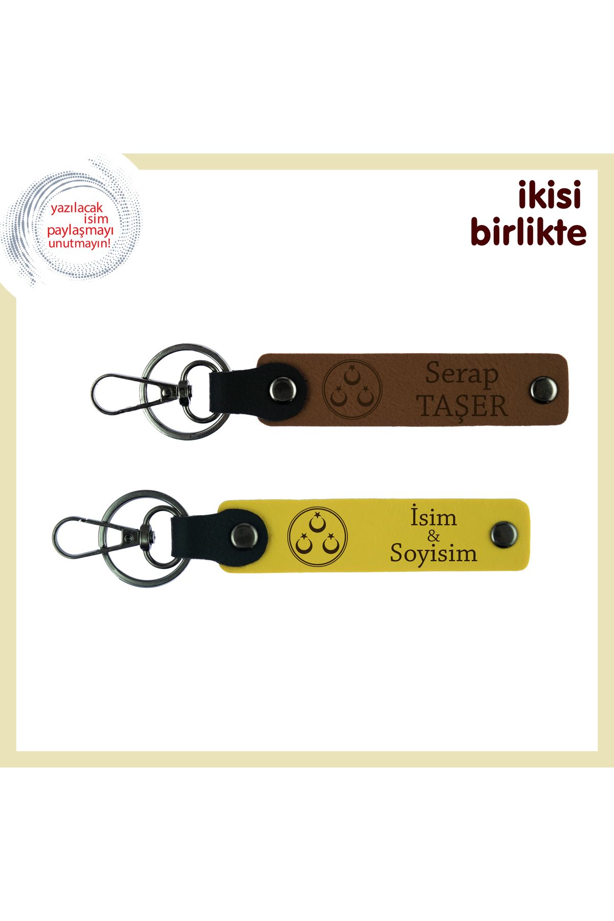 Miaju Kuzenle Paylaşılacak Şık Tasarım Üç Ayyıldız – İsim Soyisim Yazılı x2'li Anahtarlık, Açık Kahve-Sarı
