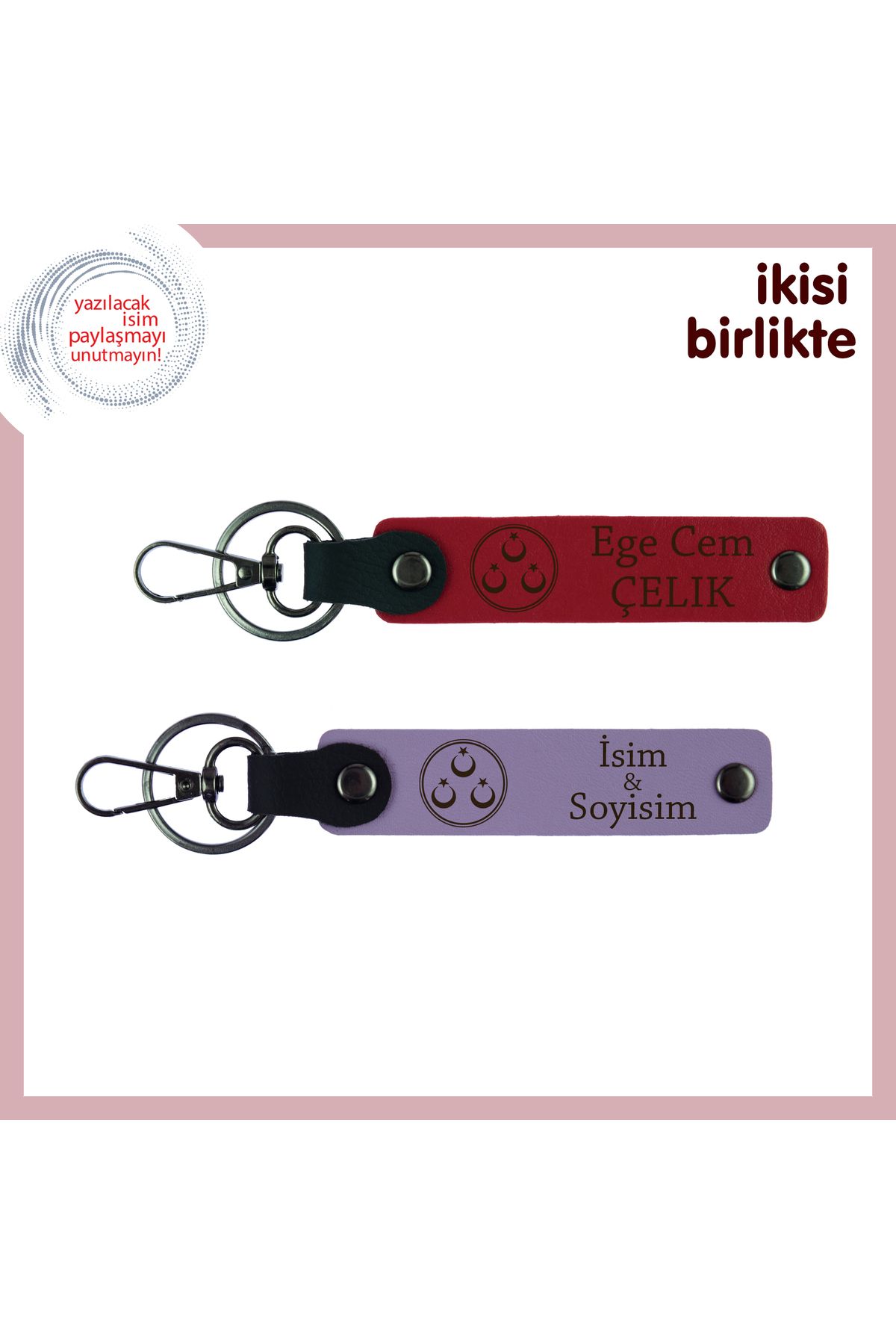Miaju Kişiye Özel Yazılabilir Deri Anahtarlık x2, Üç Ayyıldız Temalı Şık Hediye Seti, Kırmızı-Mor