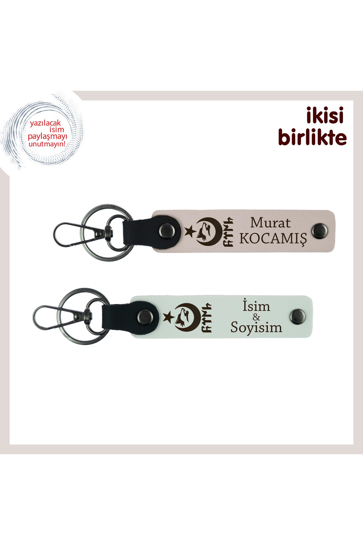 Miaju Birlikteliğin Gücüne Armağan–Sevgiliye Ayyıldız Kurt Göktürk Desenli Kişisel Anahtarlık, Pudra-Beyaz