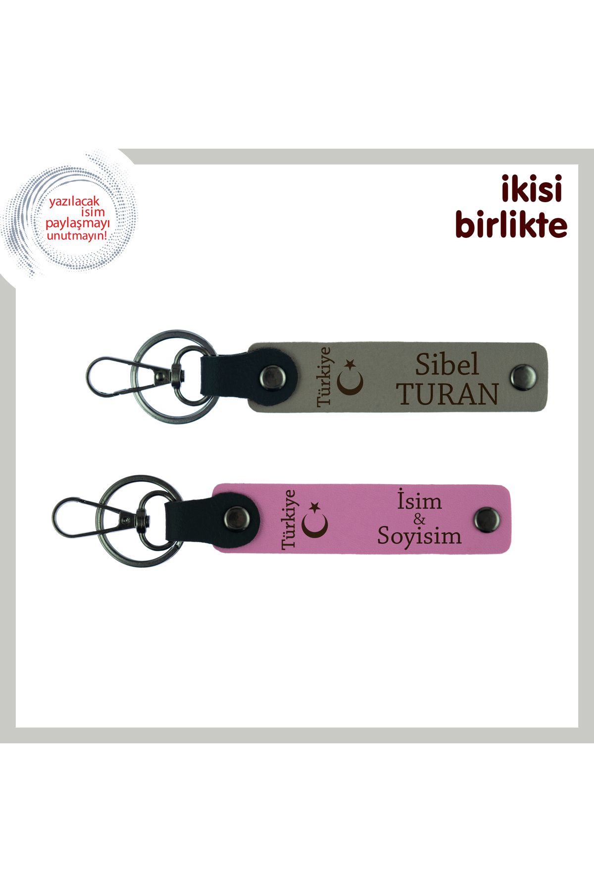 Miaju Öğretmenine Hediye, Ayyıldız ve Türkiye Desenli Ve İsim Yazılan Anahtarlık Takımı, Kül Gri-Pembe