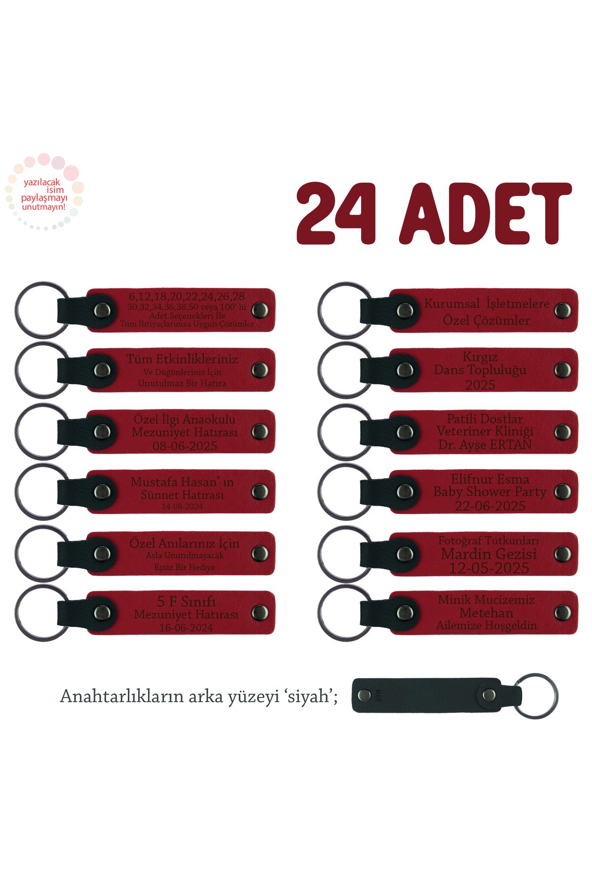 Miaju Zeka Oyunları Kursu Bitiminde, 24'lü Set, İsim Yazılabilir Deri Anahtarlık, Kırmızı & Siyah