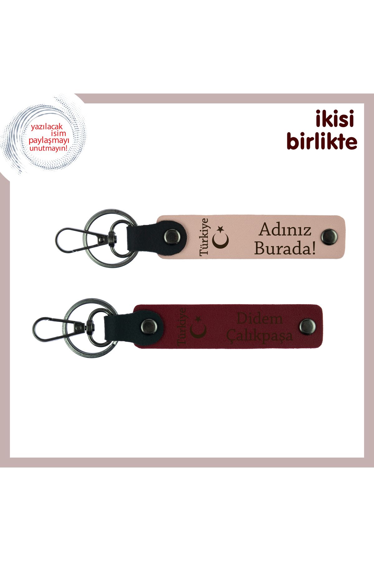 Miaju Her Anınıza Hediye, Ayyıldız ve Türkiye Kişisel Deri Anahtarlık x2'li Seti, Yavru Ağzı-Bordo