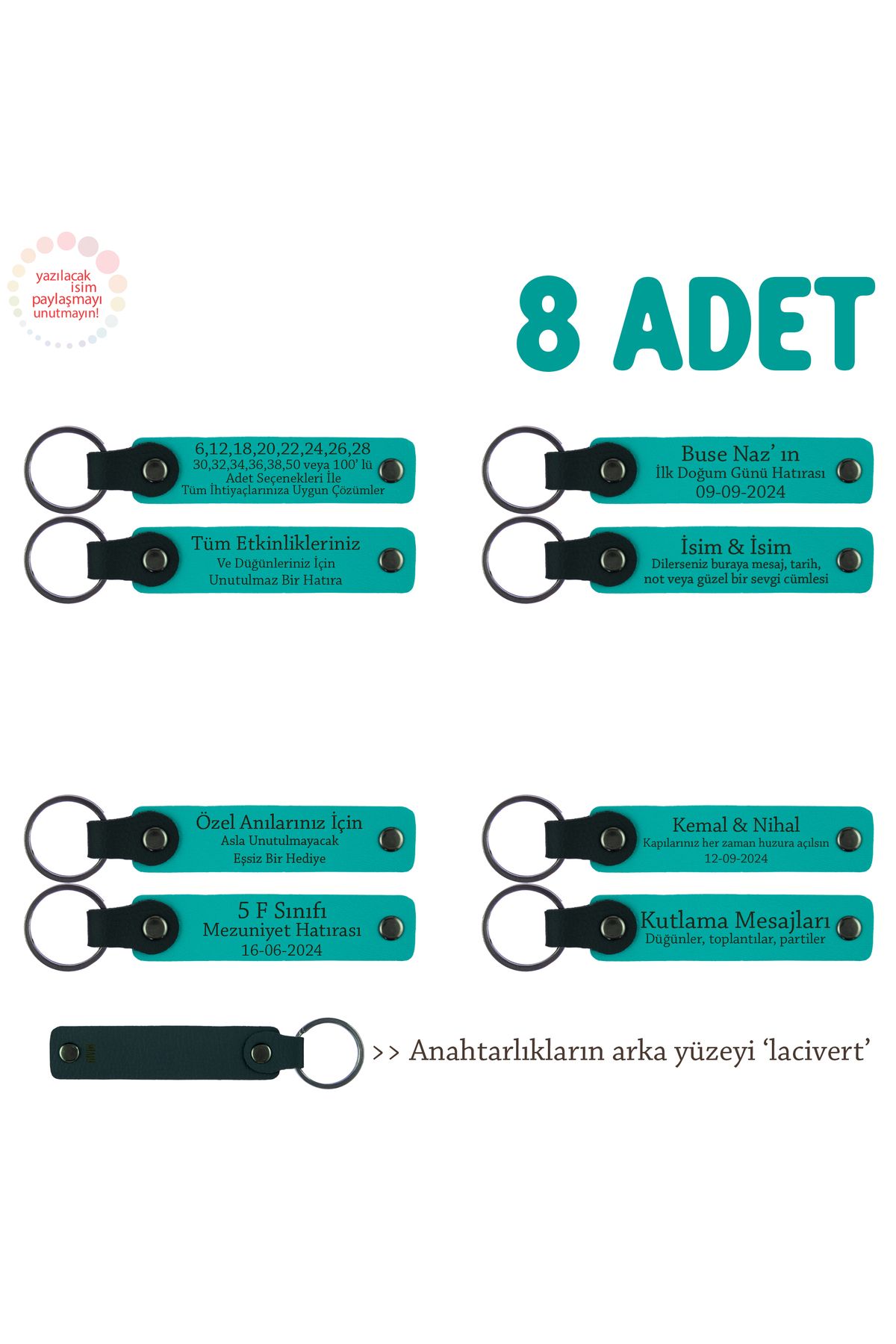 Miaju Fotoğraf Sergisinde Hatıra, 8'li Set, İsme Yazılan Deri Hediyelik Anahtarlık, Koyu Turkuaz & Laci