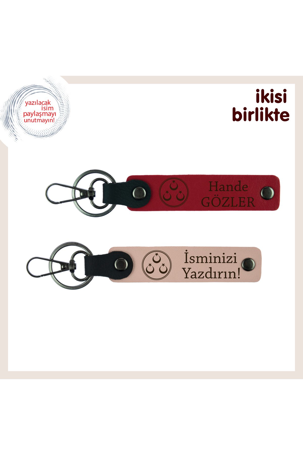 Miaju İsim ve Soyisim Yazılabilir Üç Ayyıldız Motifli Deri Anahtarlık, Kişisel Hediye, Kırmızı-Yavru Ağzı