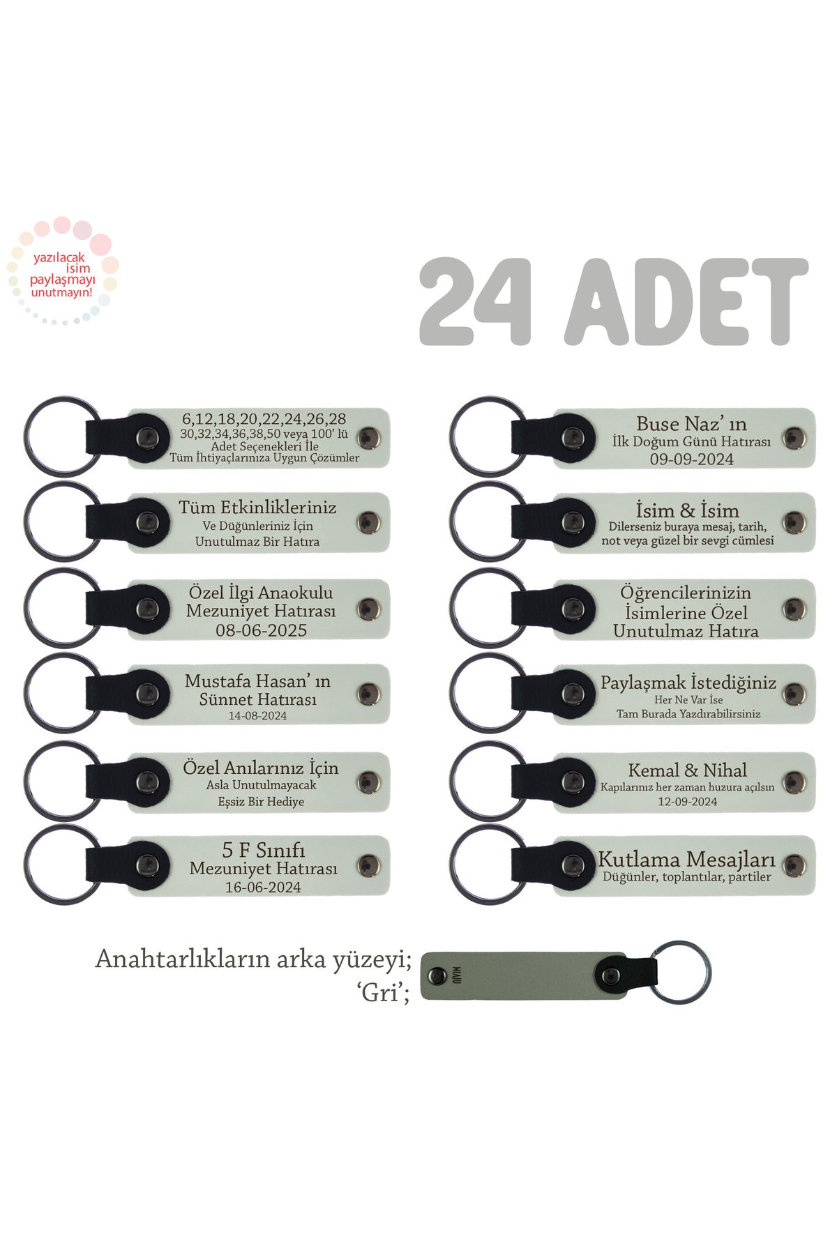 Miaju Geleneksel Etkinlikler İçin Özel Üretim, 24' lü Set, Hediyelik Hatıra Anahtarlık, Beyaz & Gri