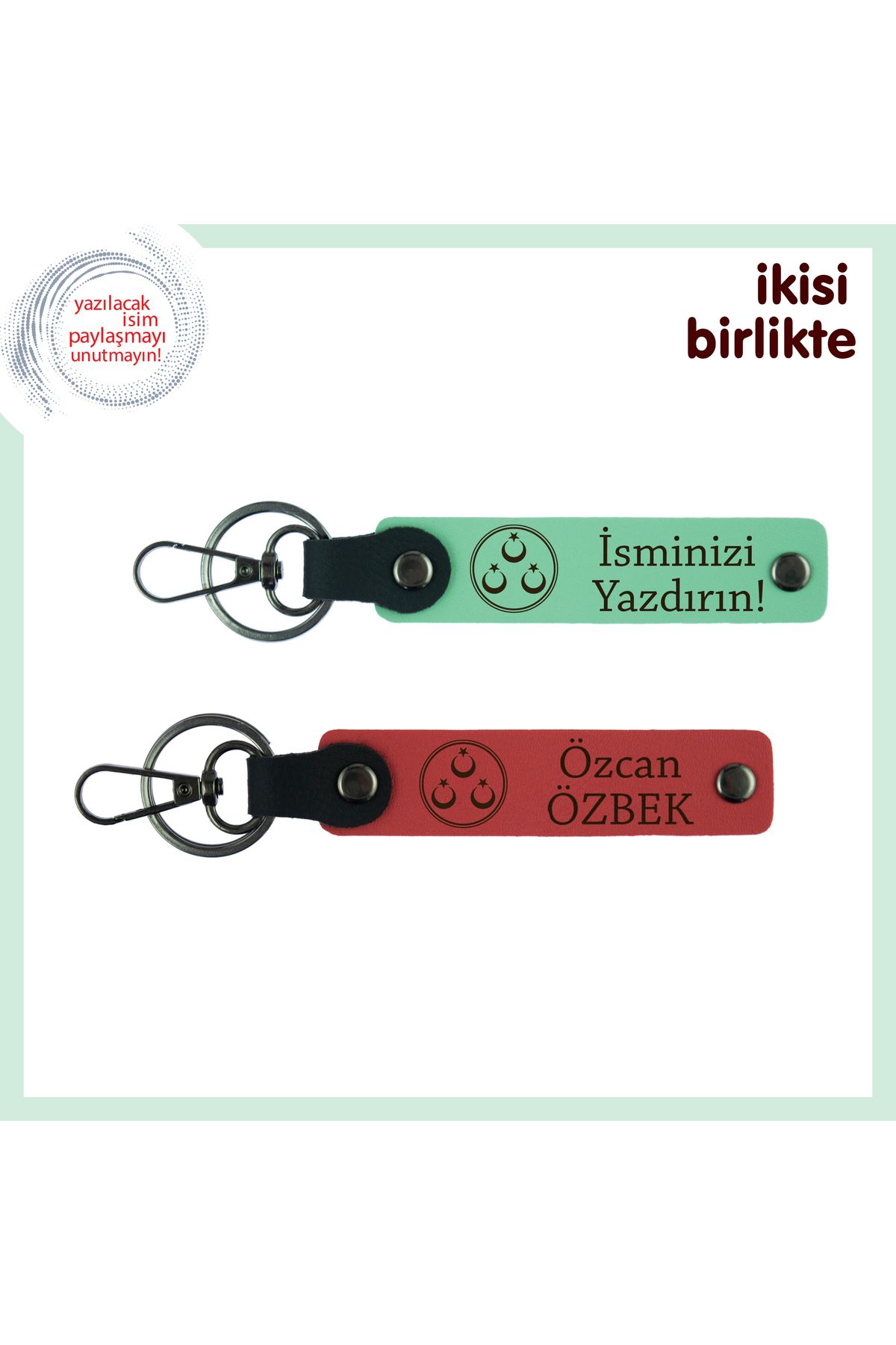 Miaju Babaya Kalıcı Hatıra Üç Ayyıldız Temalı, İsim Yazılı 2’li Anahtarlık Takımı, Açık Yeşil-Nar Çiçeği