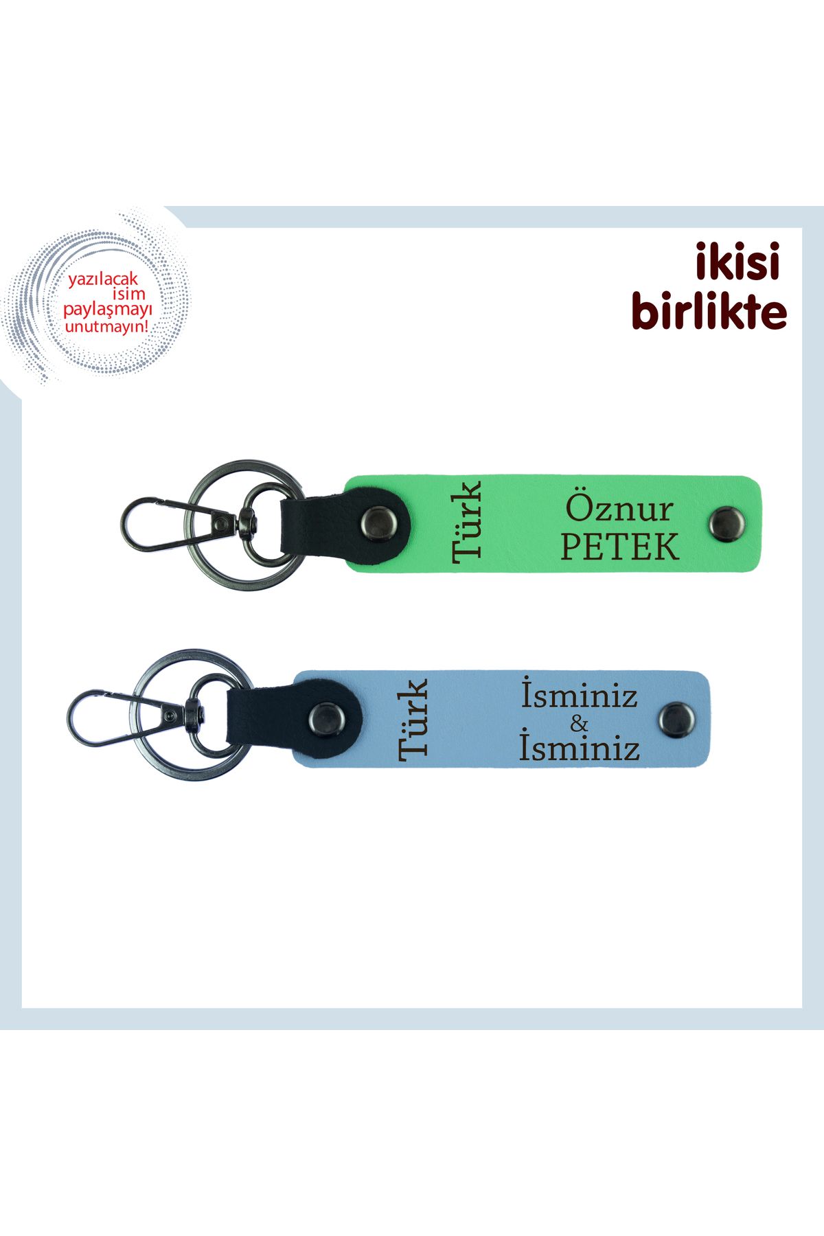 Miaju Sevgiline Anı – Türk Yazısı Temalı, İsimli 2’li Deri Anahtarlık Takımı, Fıstık Yeşil-Mavi