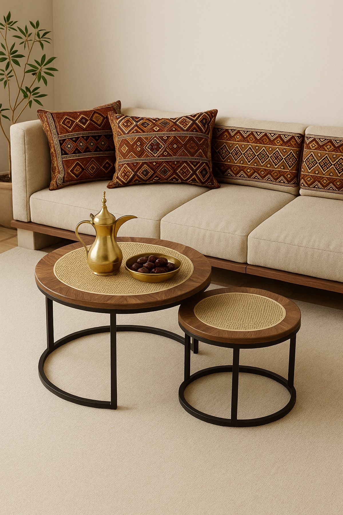 Un-A set of coffee tables with an elegant design and perforated wood that adds a luxurious touch to your living room. 1