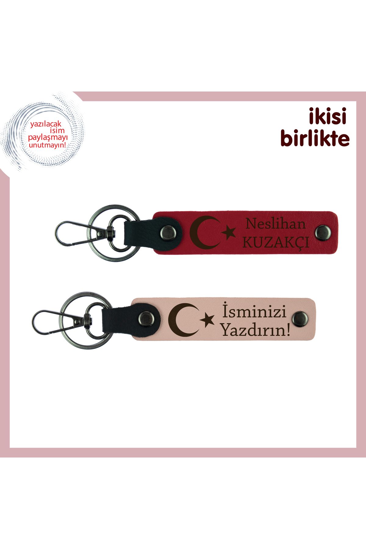 Miaju İsim ve Soyisim Yazılabilir Ay Yıldız Motifli Deri Anahtarlık, Kişisel Hediye, Kırmızı-Yavru Ağzı