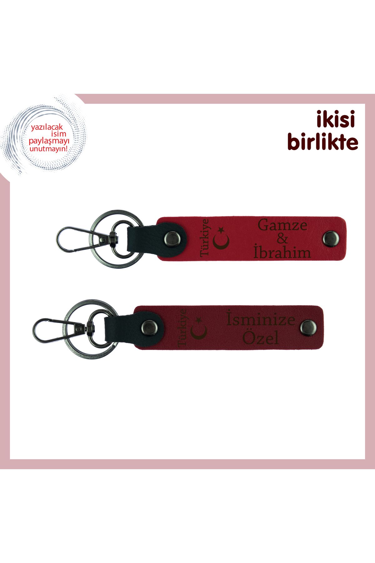 Miaju İsim ve Soyisimli Ayyıldız ve Türkiye Desenli Özel Tasarım Anahtarlık Hediye Set, Kırmızı-Bordo
