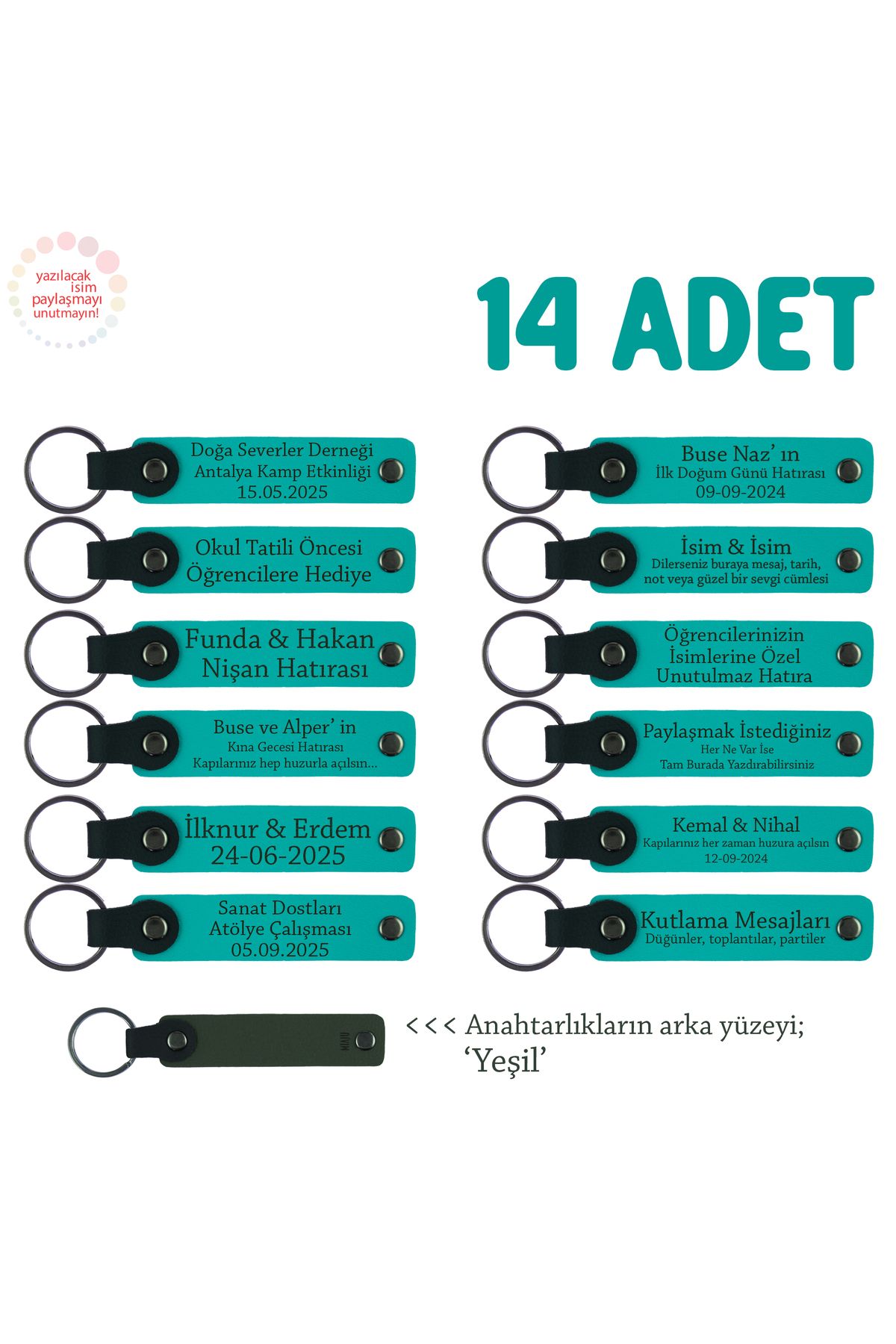 Miaju Bebek Ziyaretine Gelenlere Hediyelik İsim Mesaj Yazılabilen, 14'lü Anahtarlık, Koyu Turkuaz & Yeşil
