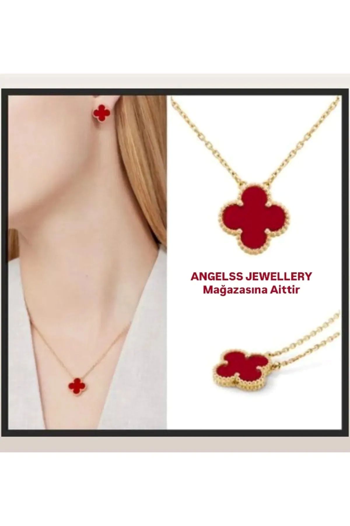 ANGELSS JEWELLERY Bordo Tek Yonca Van Cleeff Kolye (Yonca Model Bordo Kolye)
