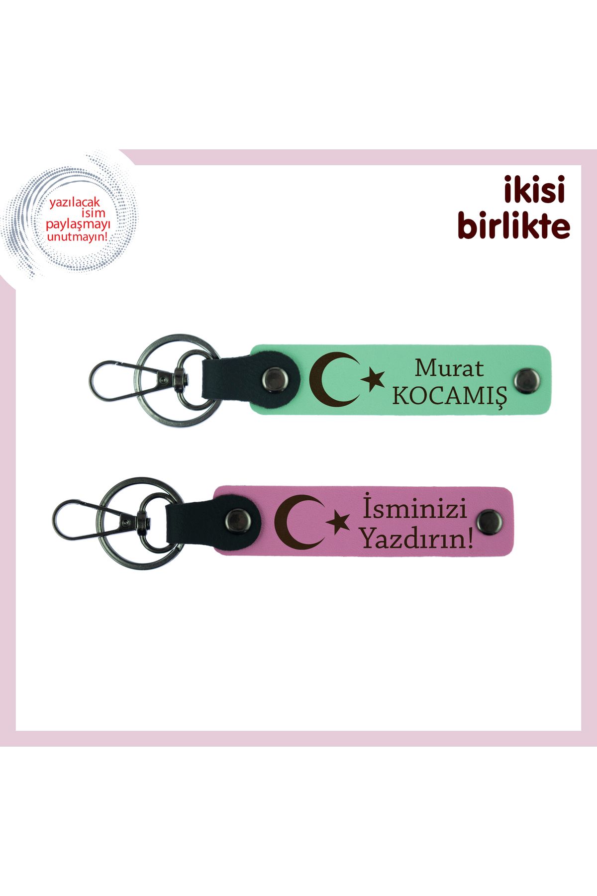 Miaju Kız Kardeşe Unutulmaz Hediye, Ay Yıldız Temalı İsimli 2’li Anahtarlık Seti, Açık Yeşil-Pembe