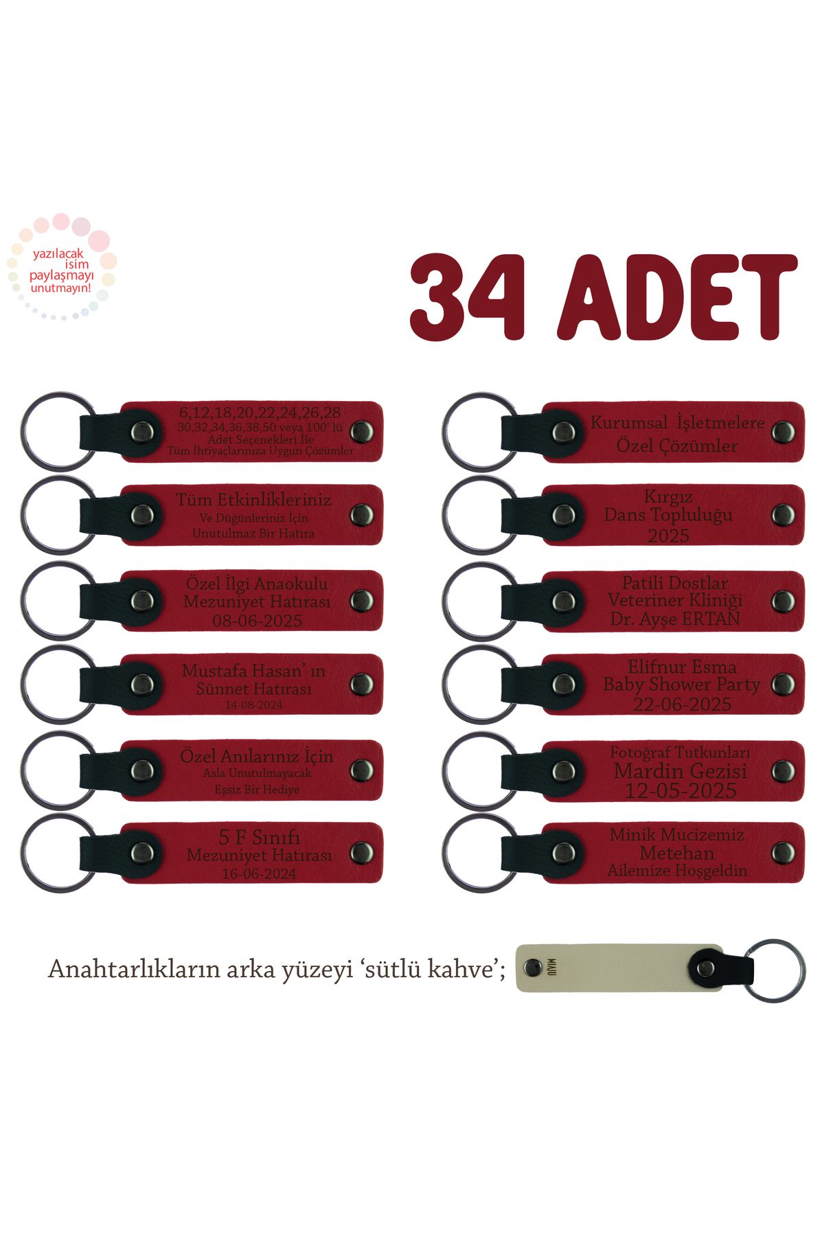 Miaju Özel İşletmeler İçin, 34'lü Set, İsim Yazılı Kurumsal Hatıra Deri Anahtarlık, Kırmızı & Sütlü Kahve