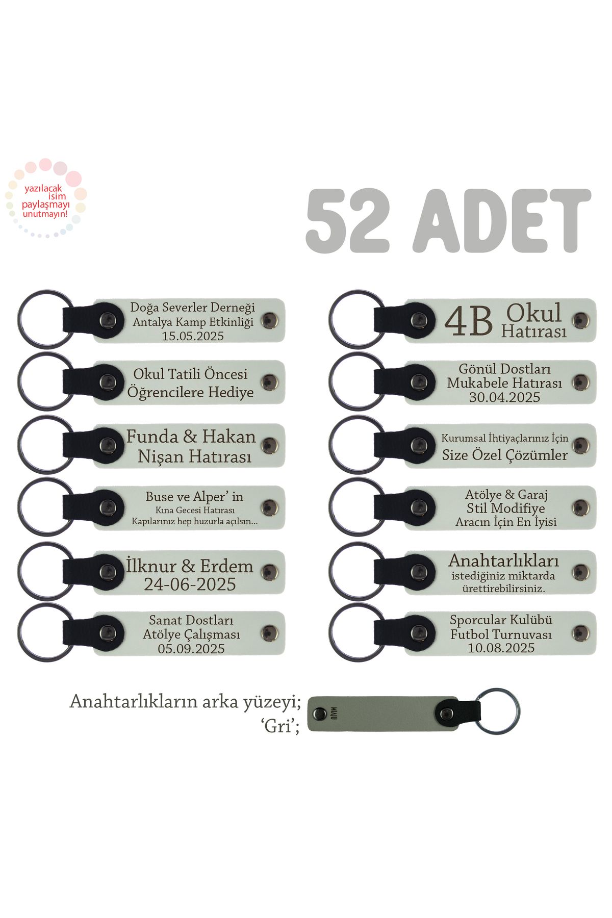 Miaju Bebeğin Cinsiyet Açıklama Partisi İçin, Misafire Hediyelik Anahtarlık, 52'li Takım, Beyaz & Gri