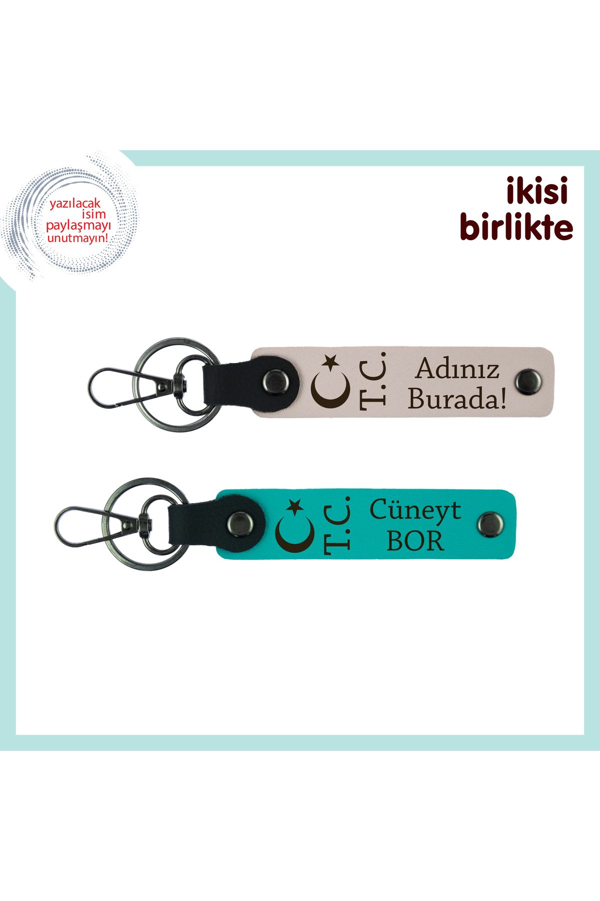 Miaju Aşkına Vefa Kat, Ay Yıldız TC Sevgiliye Özel Kişiselleştirilebilir Anahtarlık Hediye, Pudra-Turkuaz
