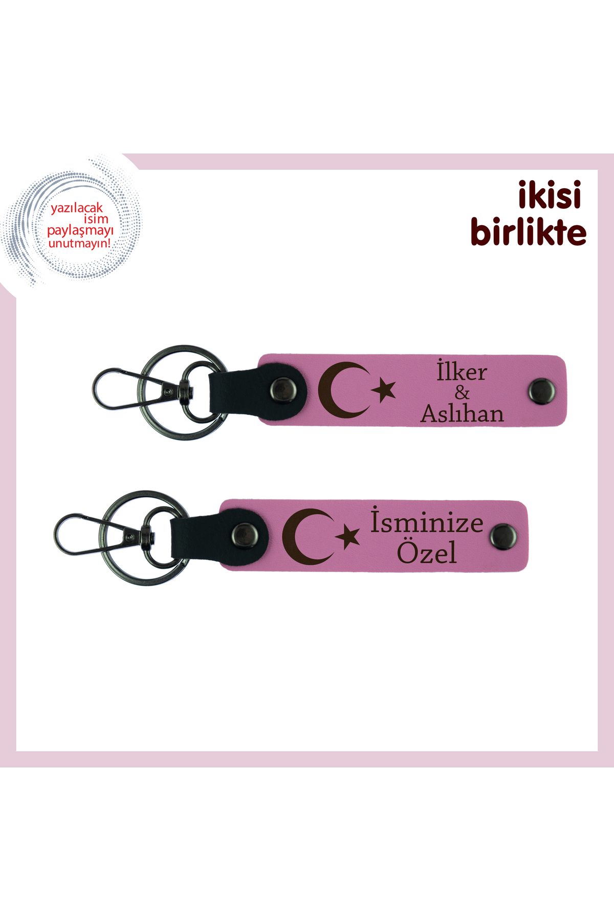 Miaju Sevgililer Günü İçin Vatan Temalı Hediye – Ay Yıldızlı Deri Anahtarlık Seti, Pembe-Pembe