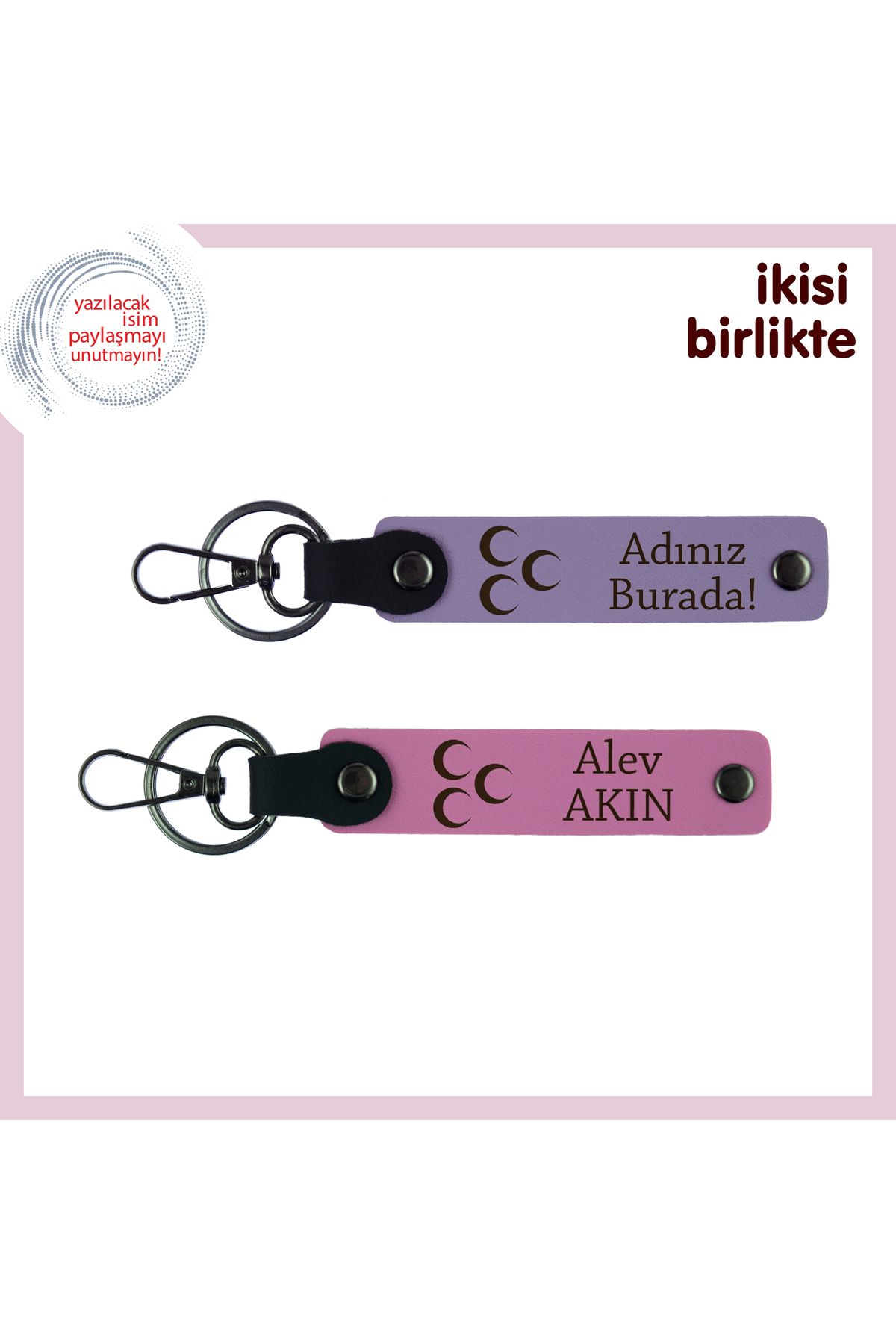 Miaju Göktürk Gücünü Taşıyan Deri Anahtarlık – Kişiye Özel Üç Hilal Hediye Takımı, Mor-Pembe