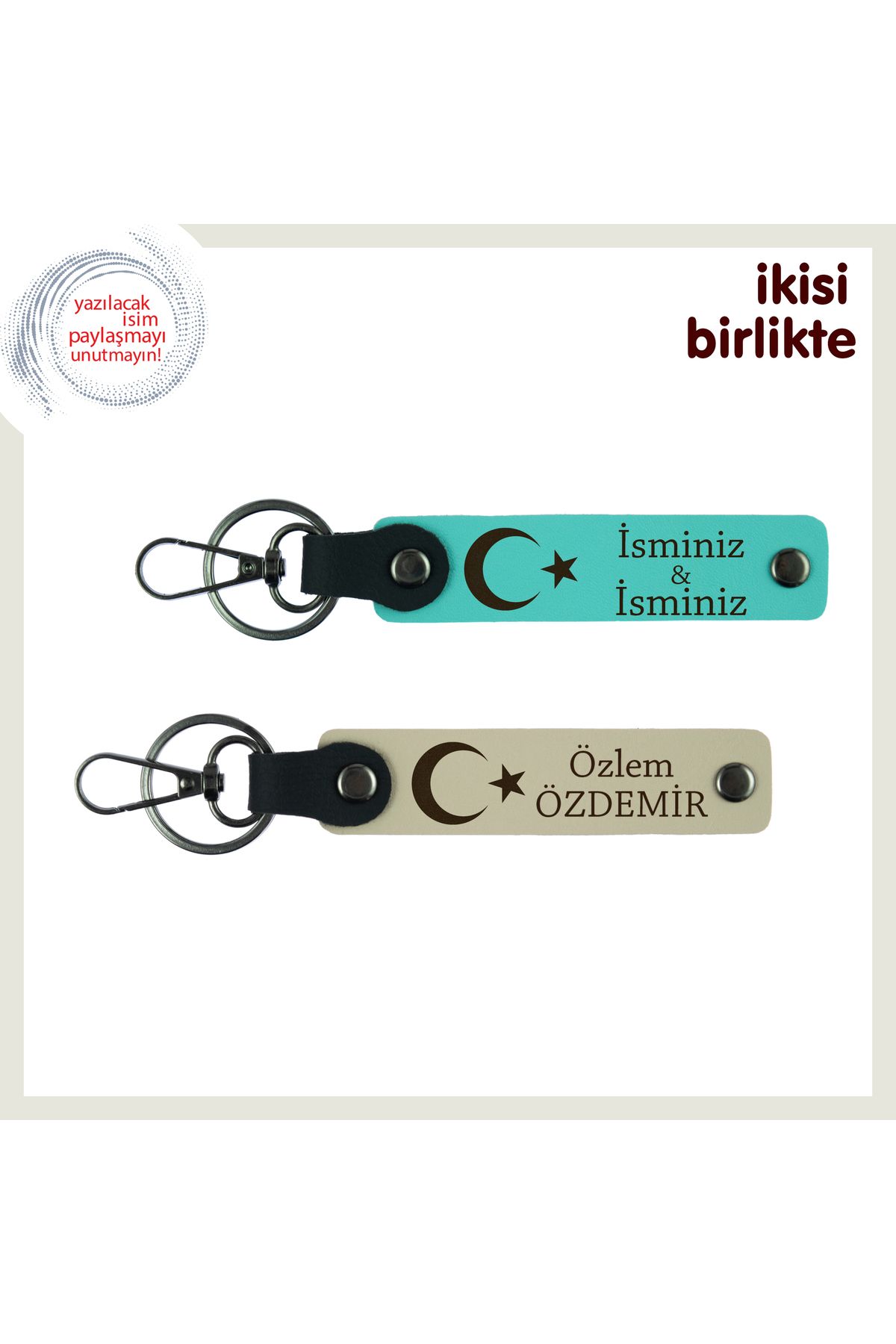 Miaju Sevdiklerine Değerli Bir Hediye, Ay Yıldız Temalı Kişiye Özel Anahtarlık Seti, Turkuaz-Sütlü Kahve