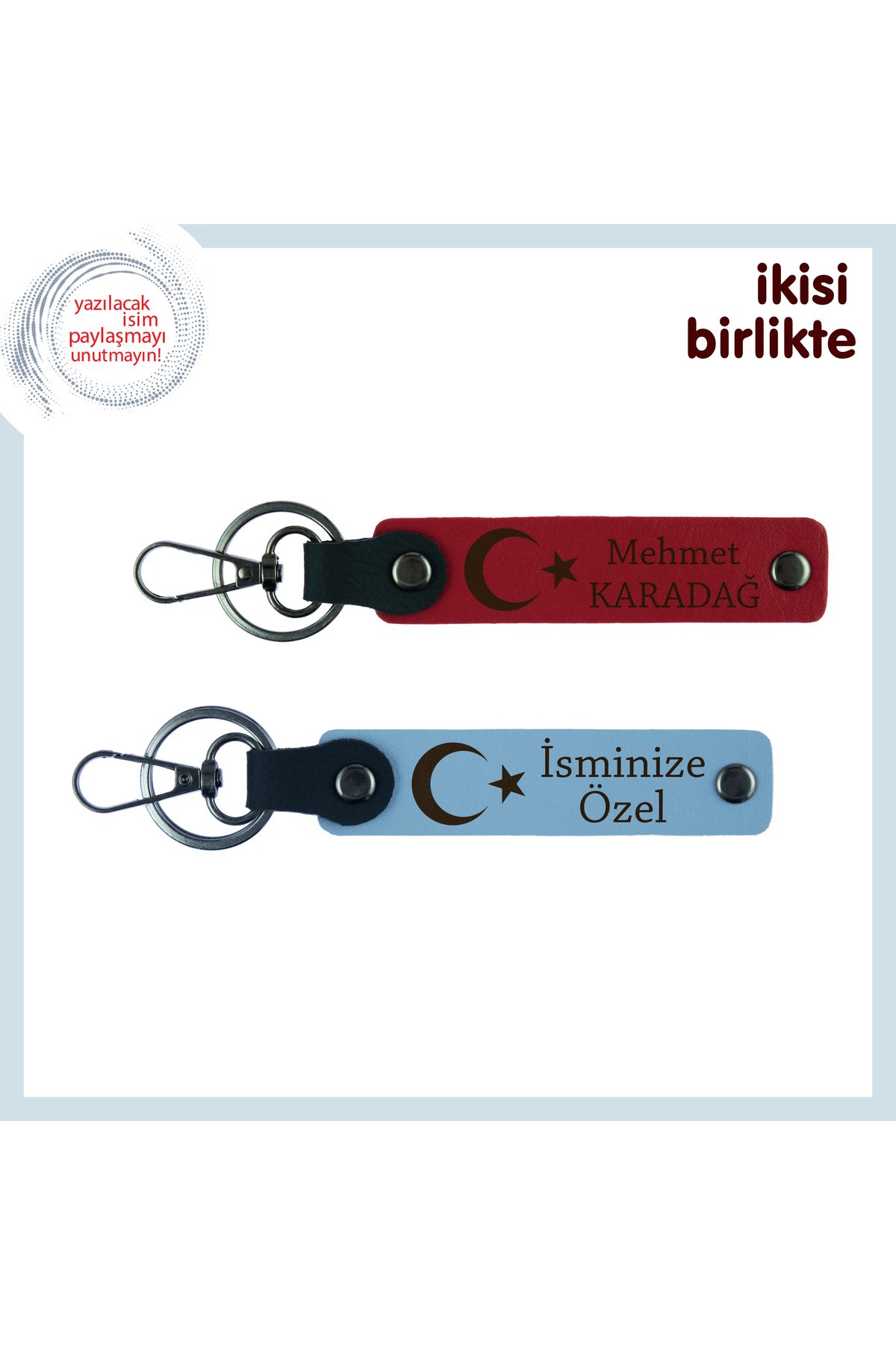 Miaju İsimle Kişiselleştirilebilen Ay Yıldızlı Deri Anahtarlık Set, 2’li Hatıra Takımı, Kırmızı-Mavi