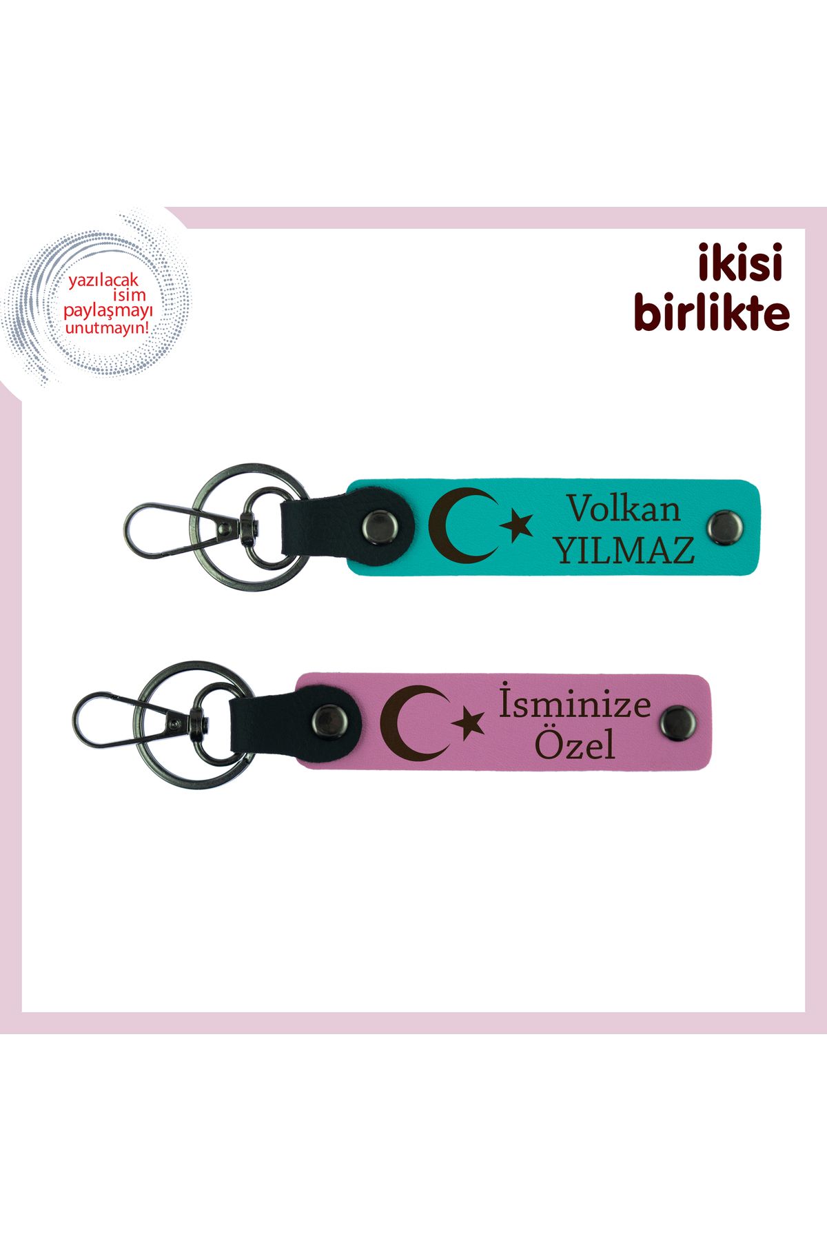 Miaju Kız Arkadaşa Milli Motifli Romantik Hediye – Ay Yıldızlı Anahtarlık Seti, Koyu Turkuaz-Pembe