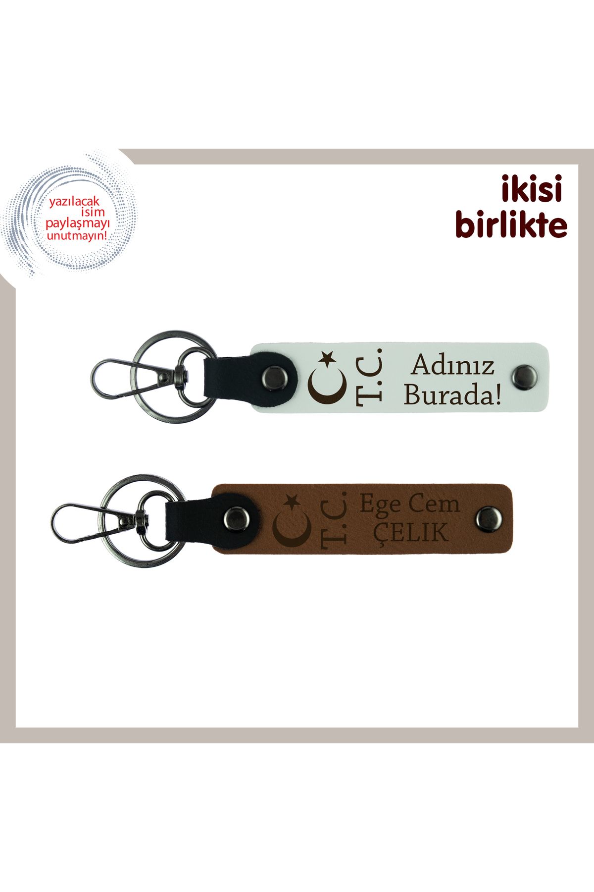 Miaju Kayınpedere Özel Hediye Ay Yıldız TC Temalı İsim & Soyisim Yazılı İkili Anahtarlık Seti, Beyaz-Kahve