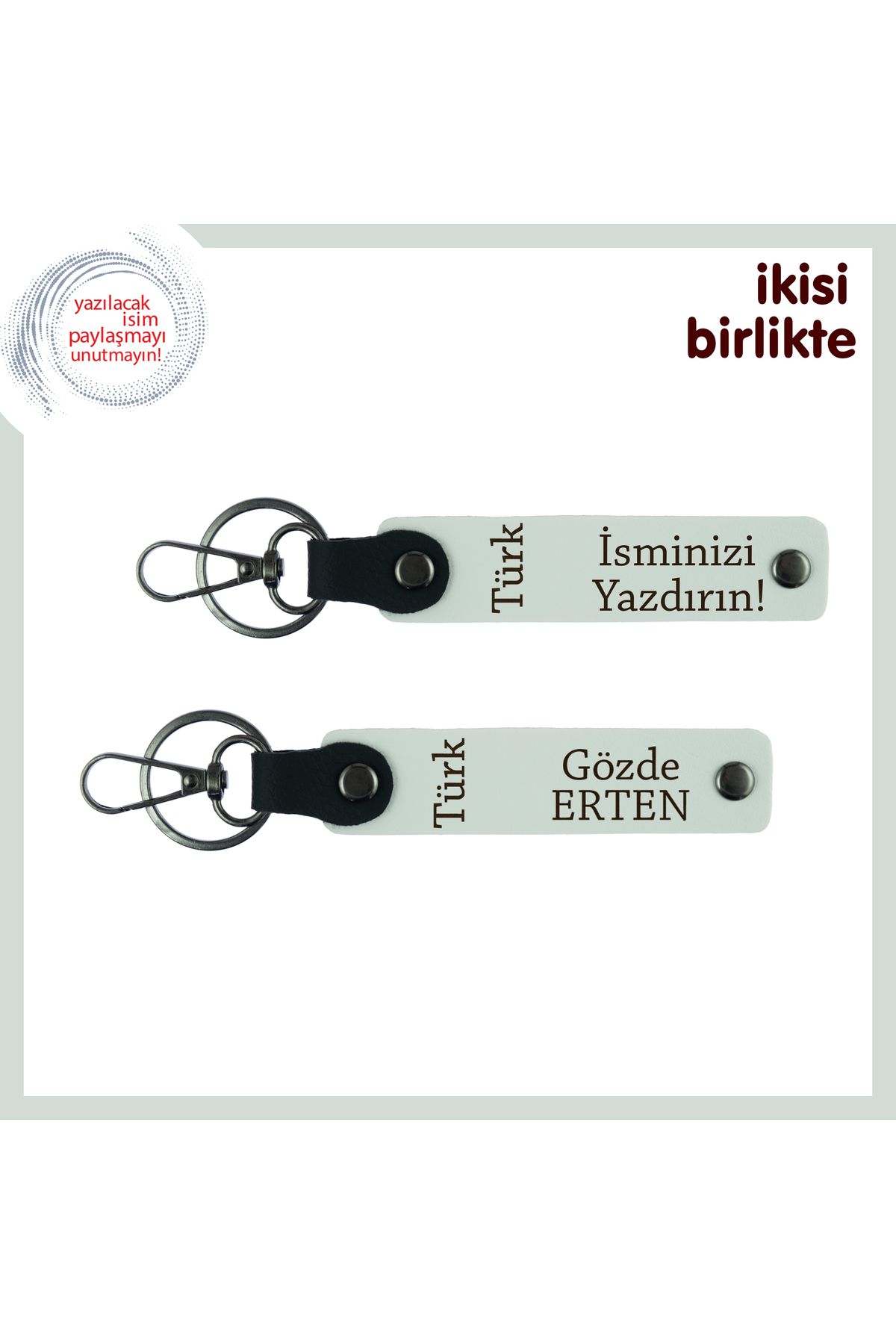 Miaju Kardeşe Kalıcı Hediye, Türk Yazısı Yazılı İsim Soyisimli 2’li Anahtarlık Set, Beyaz-Beyaz