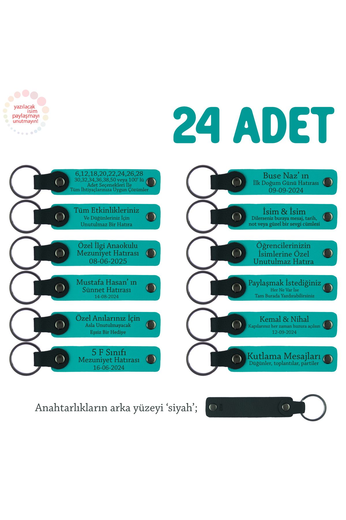 Miaju Müşterilerinize Kurumsal Hediye, 24'lü Set, İsim Yazılabilir Deri Anahtarlık, Koyu Turkuaz & Siyah