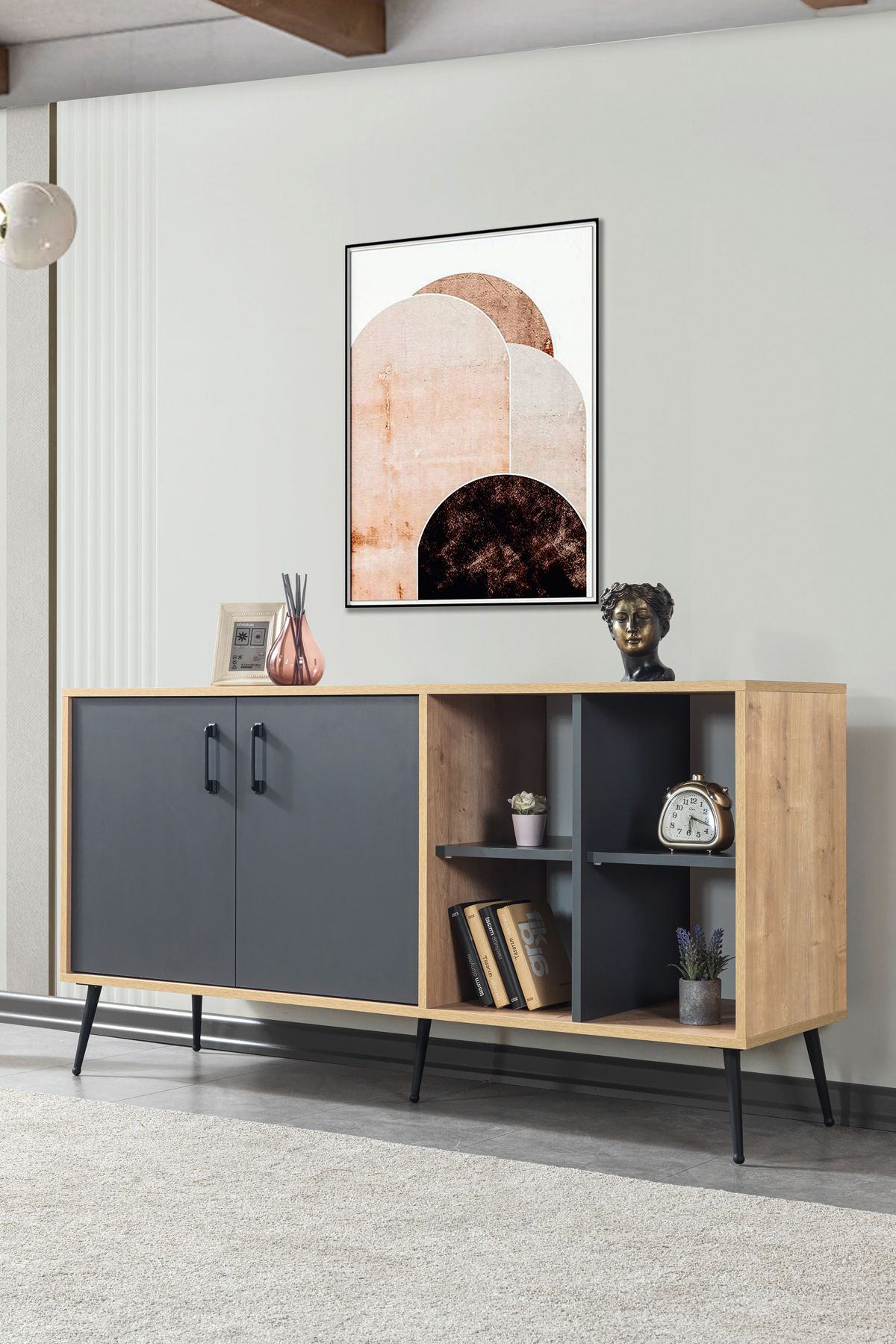 Evmo Home 4609 Şile Metal Ayaklı Metal Kulplu 160 Cm Konsol - Yemek Odası Antrasit - Safir