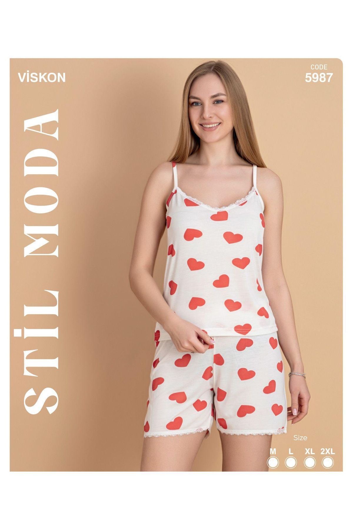 Stil Moda Askılı Kırmızı kalpli beyaz kadın şortlu takım VİSKON kumaş