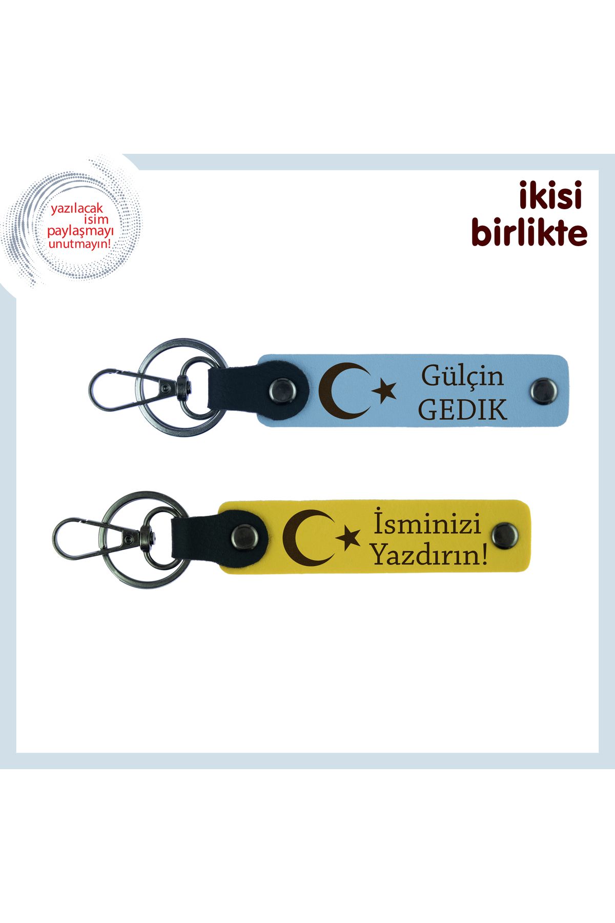 Miaju Dayıya Minnet Dolu Hatıra – Ay Yıldız Desenli, İsimli 2’li Anahtarlık Seti, Gök Mavi-Sarı