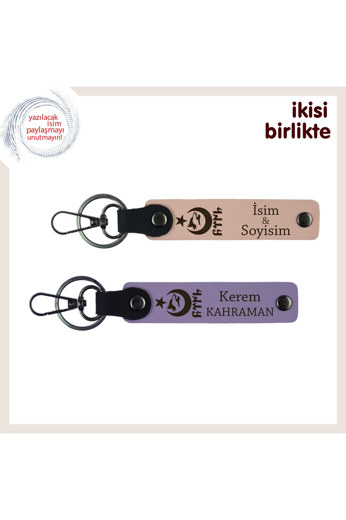 Miaju En Zarif Hediye – Ayyıldız Kurt Göktürk Desenli Kişisel İsimli Anahtarlık Set x2, Yavru Ağzı-Mor