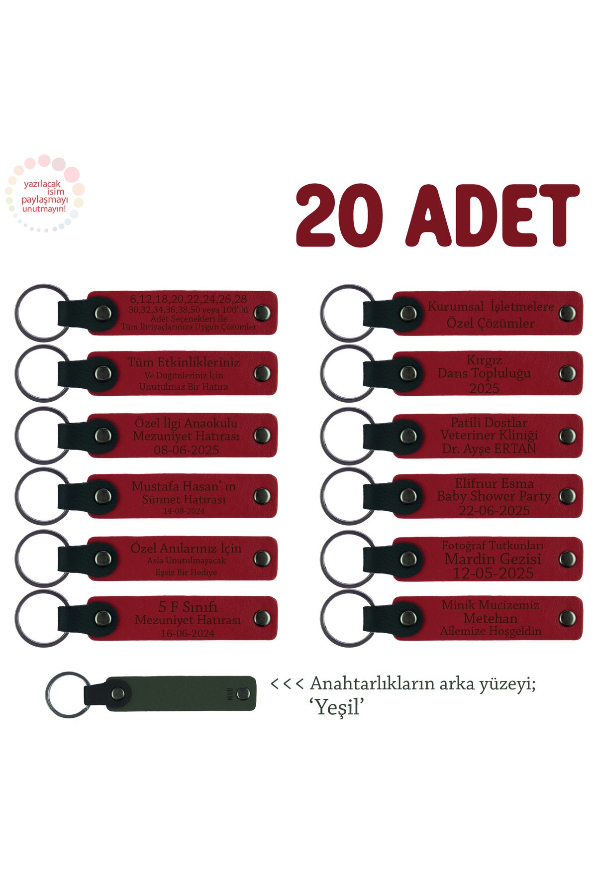 Miaju Tedarikçi Firmalara Promosyon, 20'li Set, Kişiselleştirilebilir Kurumsal Anahtarlık, Kırmızı & Yeşil