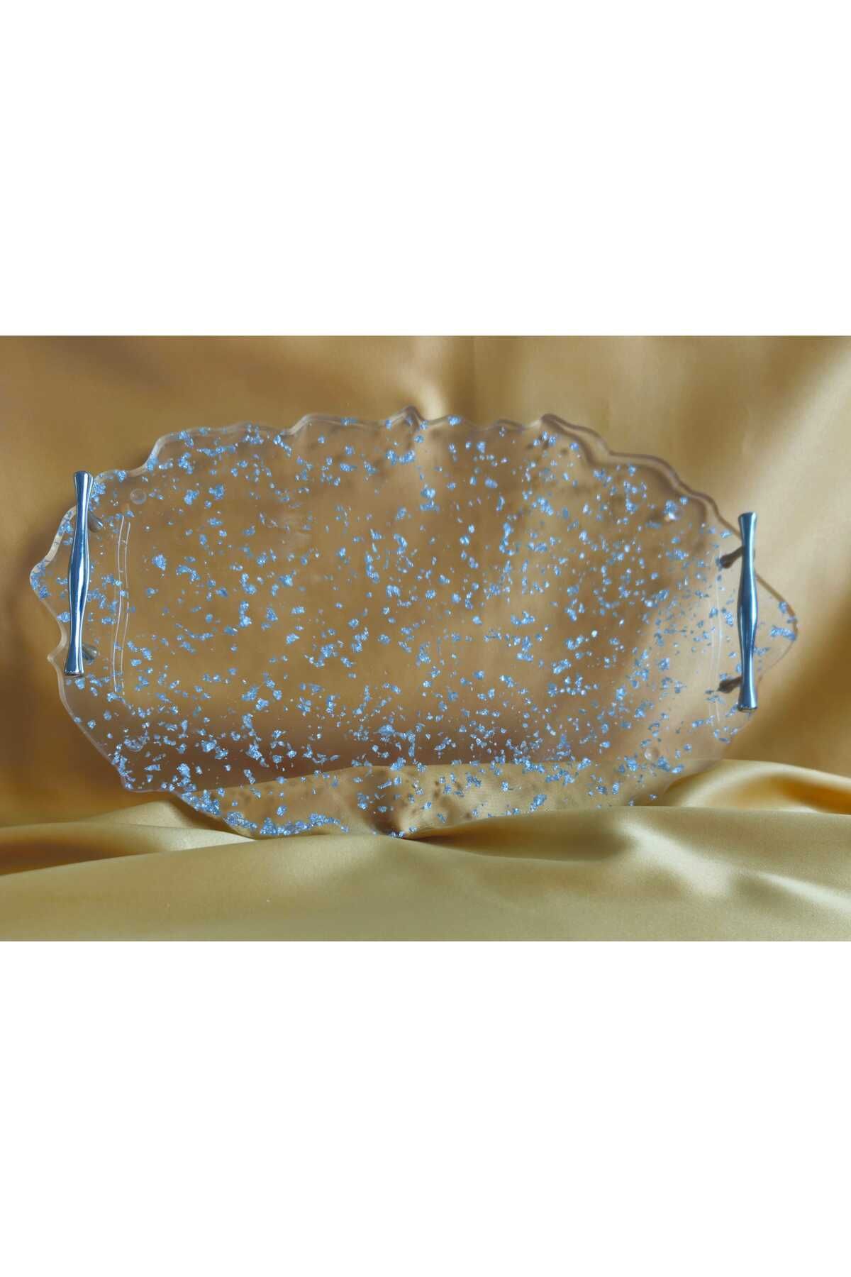 EpoksArt Design Epoksi Sunum Tepsisi,Gümüş Varaklı,Düzensiz Dalgalı Şeffaf Oval Tepsi