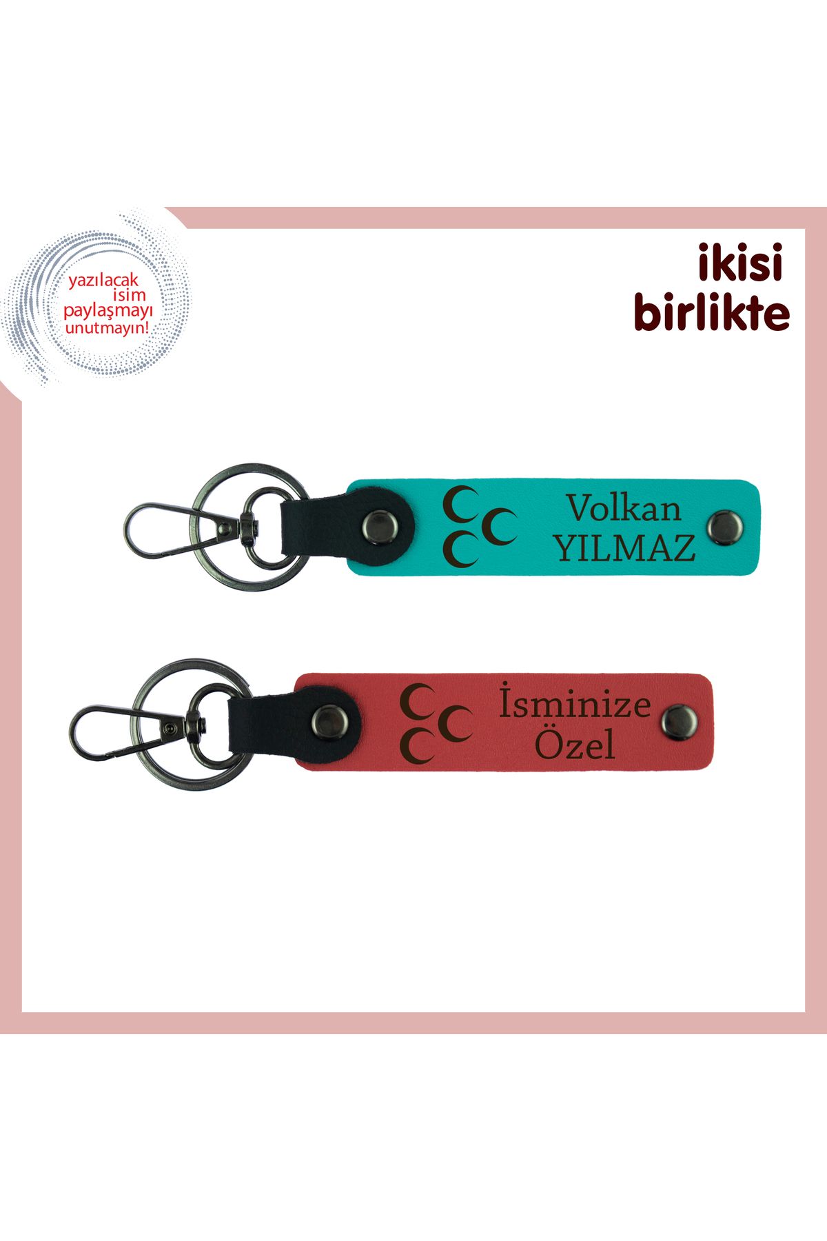 Miaju Vatan Temalı Sürpriz, Üç Hilal Kişiye Özel 2’li Anahtarlık Takımı, K Turkuaz-Nar Çiçeği