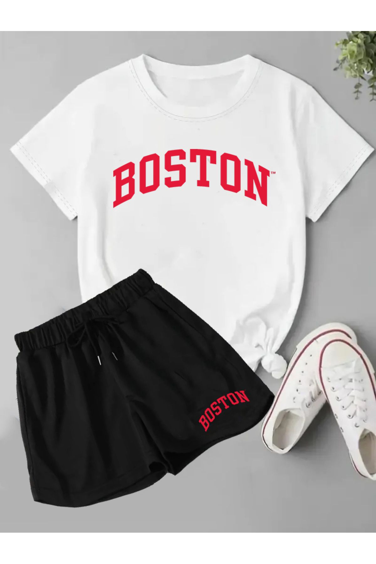 makiteks 2'li Set Düz Renk Kadın Regular Şort ve Tshirt Tişört Boston