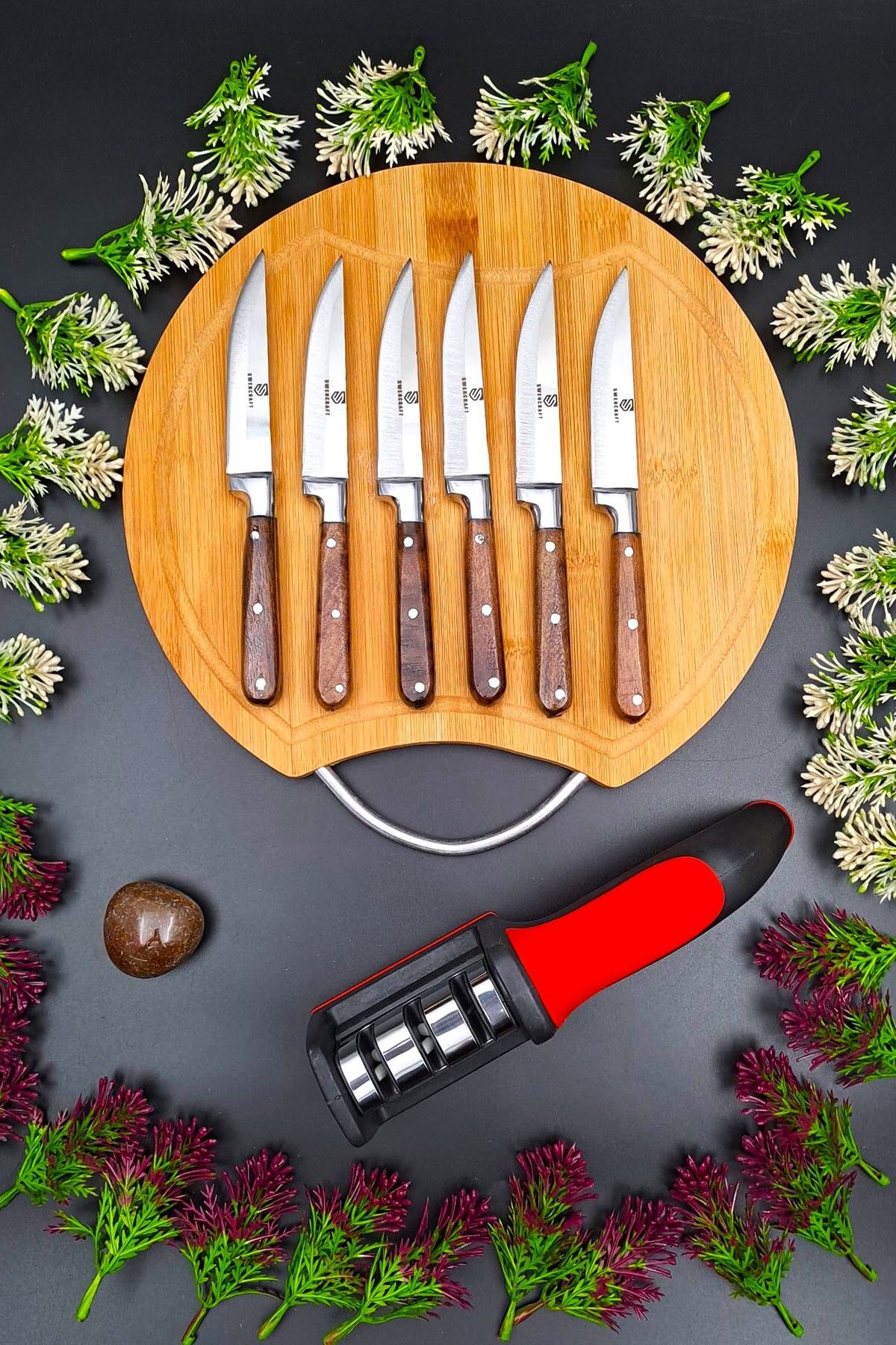 SWENCRAFT WEST HOME LÜX Steak Et Mutfak Meyve Bıçak Seti & Sunum Kesme Tahtası & Bileme Aparatı 8 'Li Çeyiz