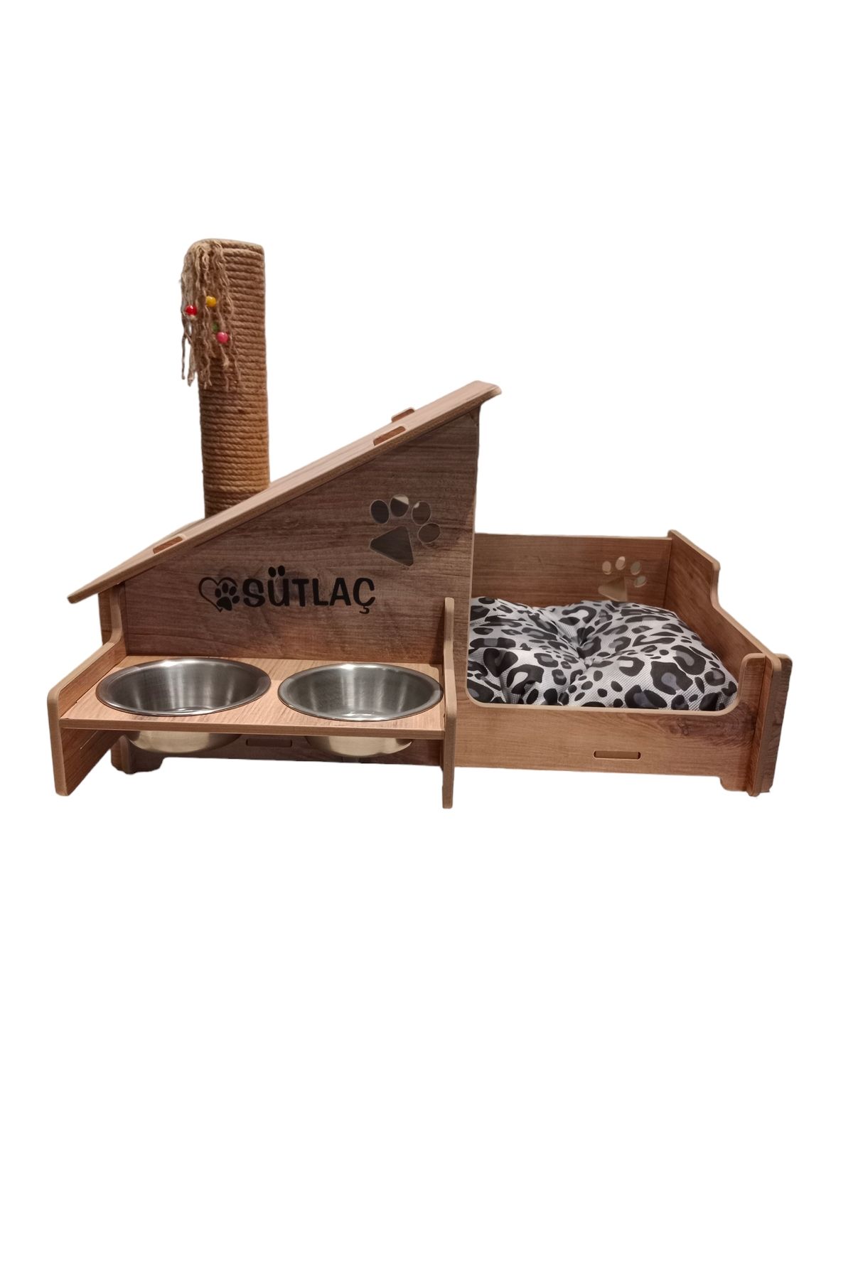 ENEFENDİ Kedi Evi - Özel İsim Baskılı - Tırmalama Çubuklu - Meşe MDF - Çelik Kase - 2*350ml