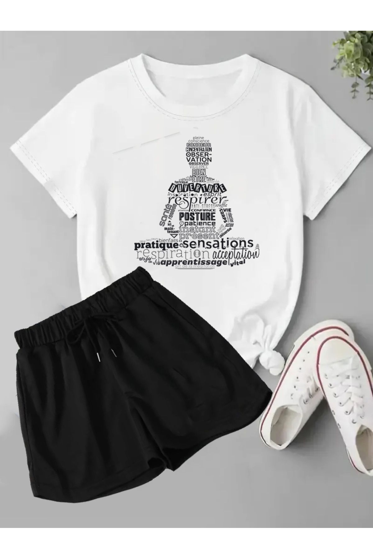 makiteks 2'li Set Düz Renk Kadın Regular Şort ve Tshirt Tişört Meditasyon Yogo