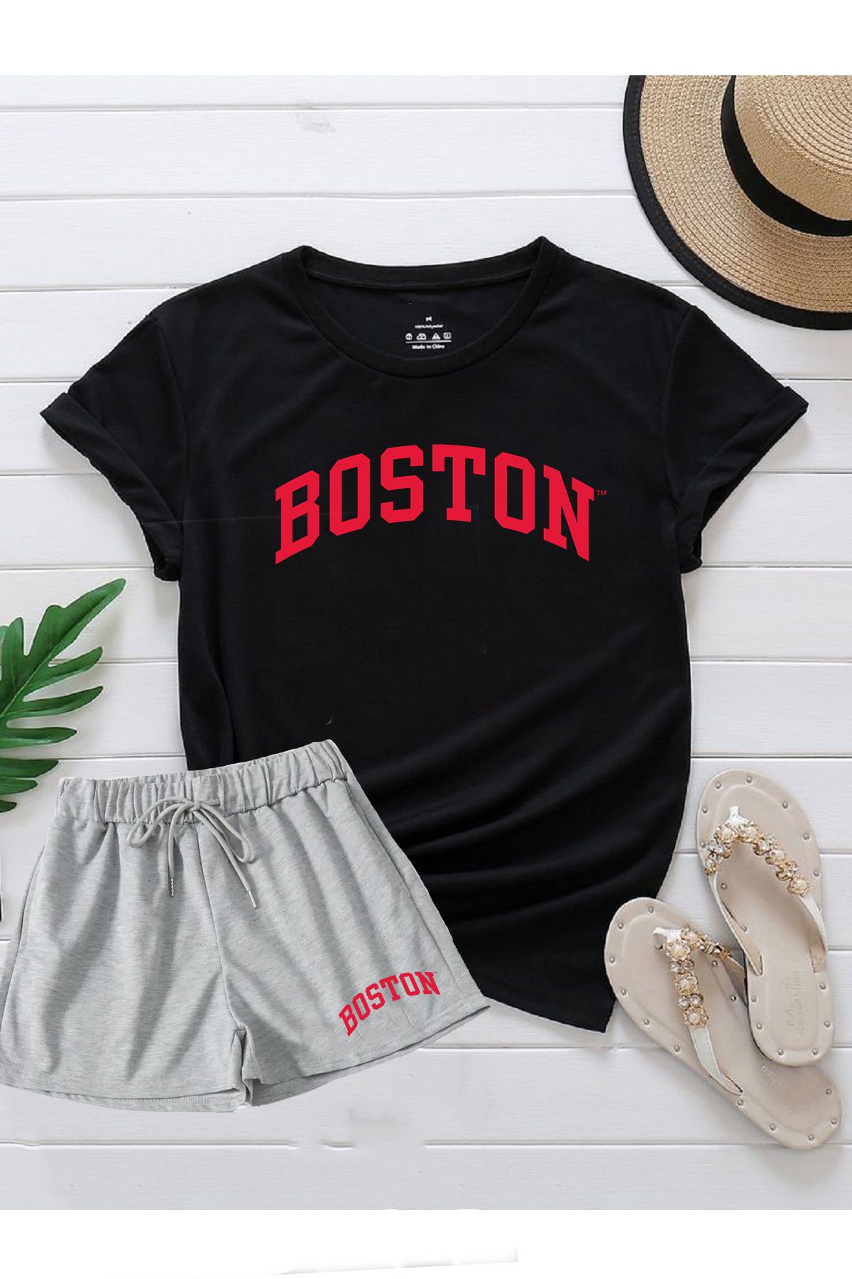 makiteks 2'li Set Düz Renk Kadın Regular Şort ve Tshirt Tişört Boston