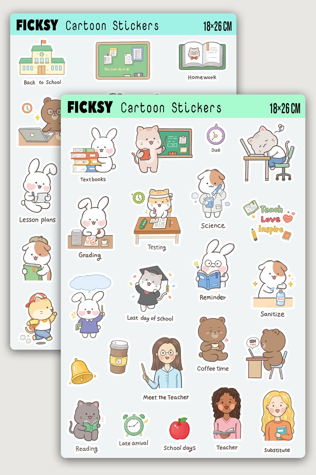Ficksy Kawaii Stili Sevimli Hayvanlar Eğitim Öğretmen Temalı Sticker Seti - 40 Adet Etiket Çıkartma