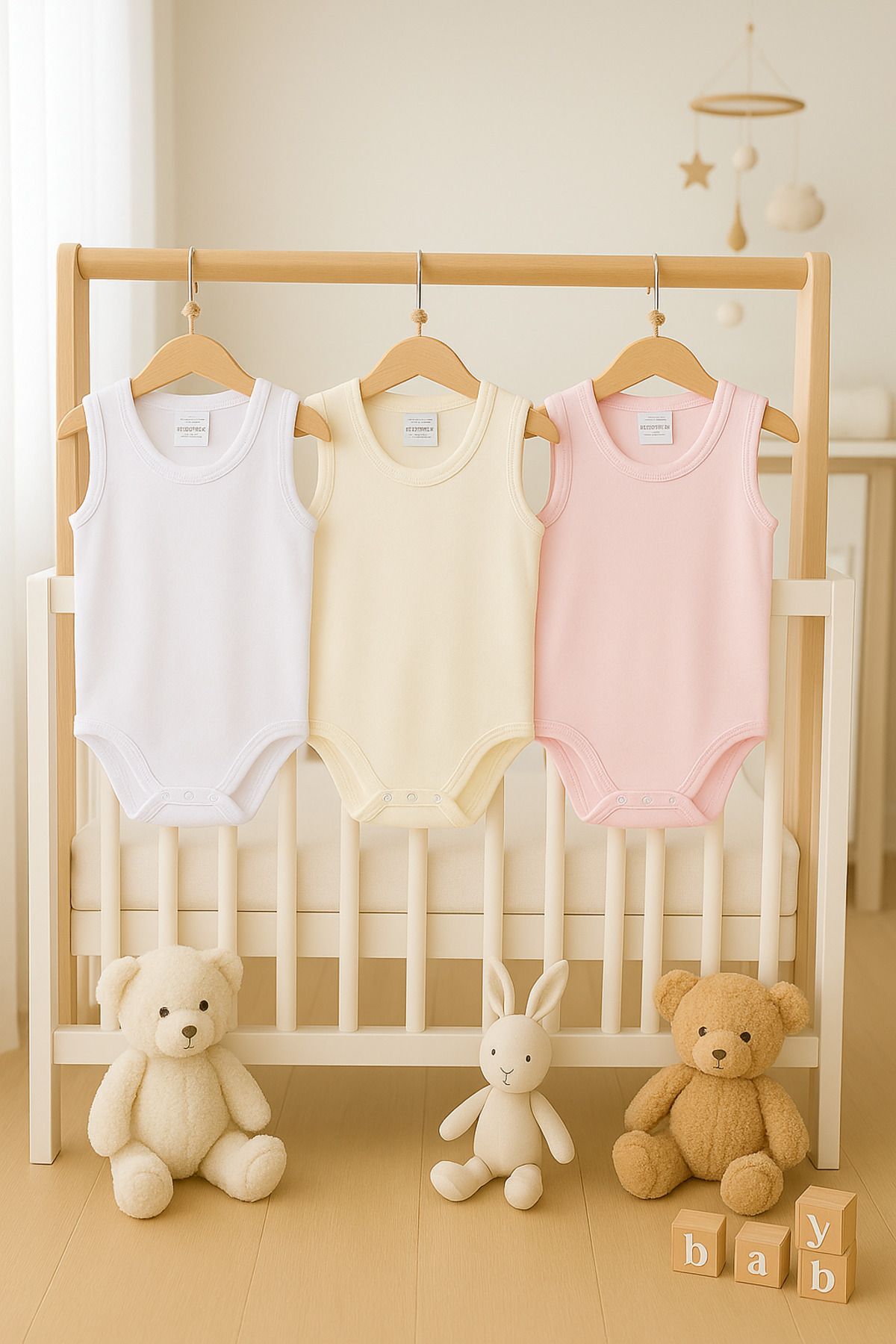 BEREKET BABY 3'lü Kolsuz Bebek Zıbın Seti – Beyaz, Ekru ve Pembe | %100 Pamuklu Yazlık Badi 0-6AY