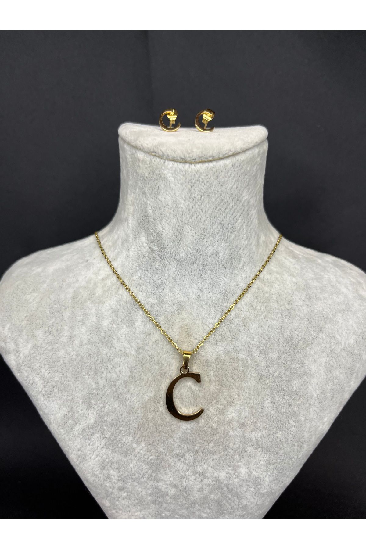 Mos Tespih C Harfi Gold Çelik Kolye ve Küpe Set