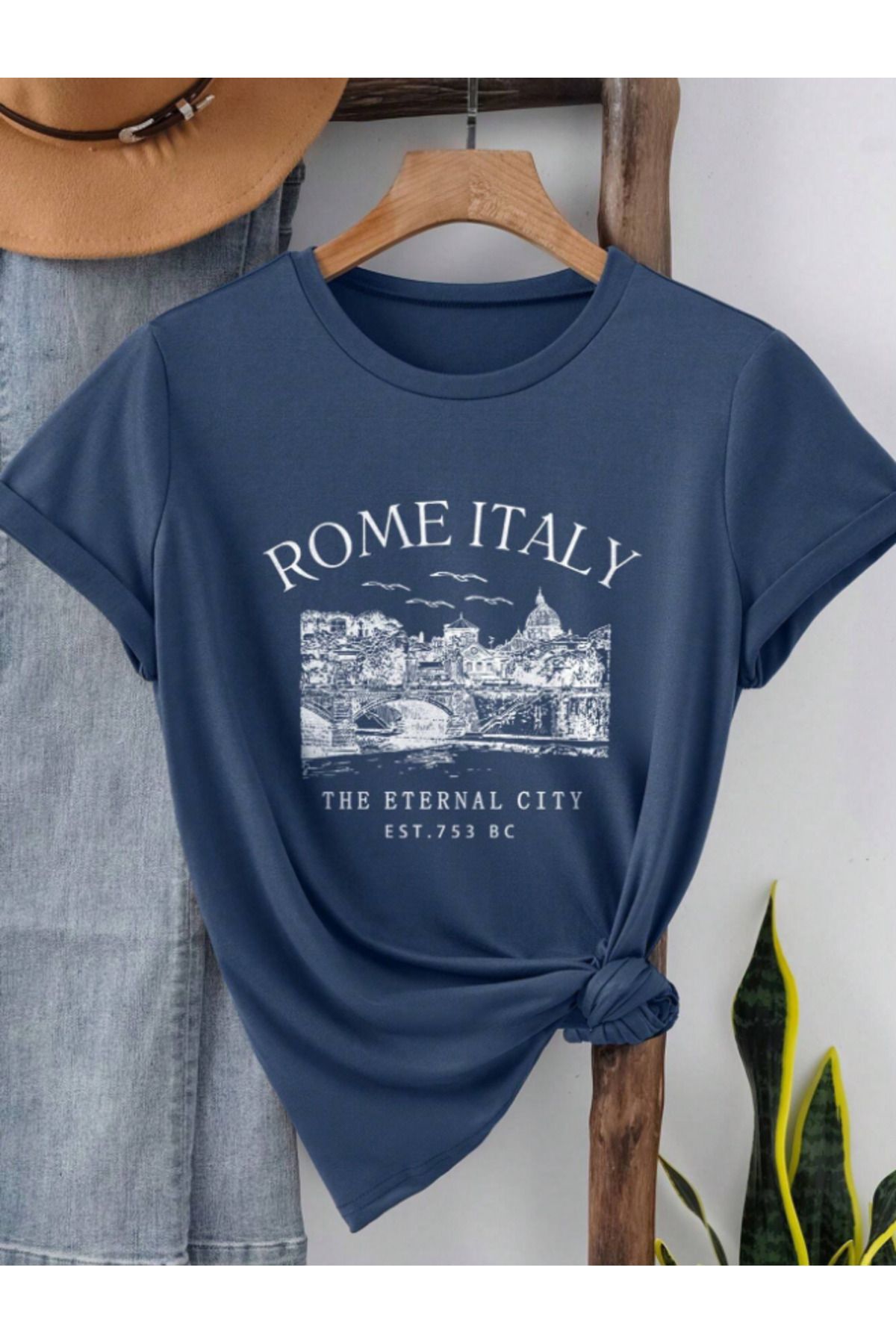 Trend Sizde Unisex İtalyan Skyline Özel Tasarım Ön Baskılı Tasarım Tshirt