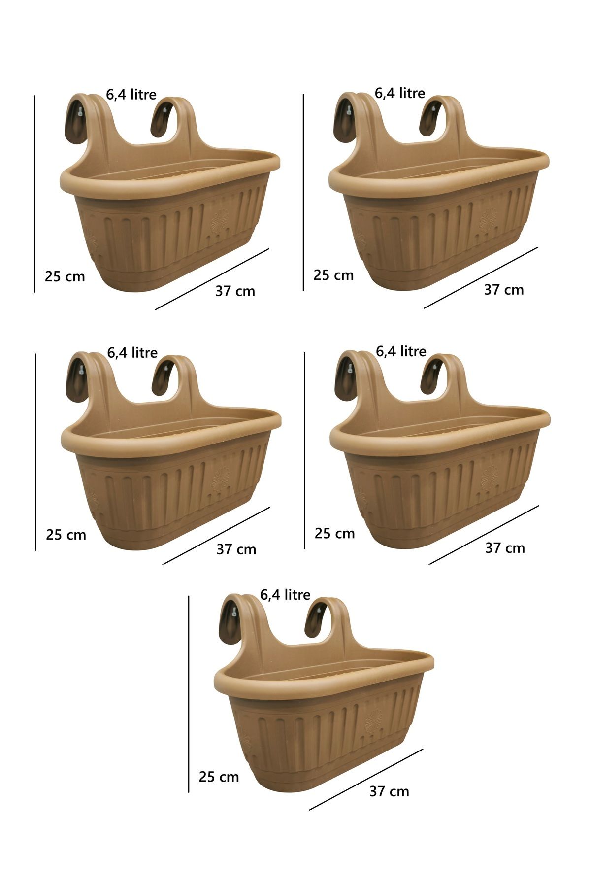 demethome Kendinden Askılı Balkon Saksısı Plastik Kelepçeli Sağlam 6,4 litre 37 cm boy Askılı saksı