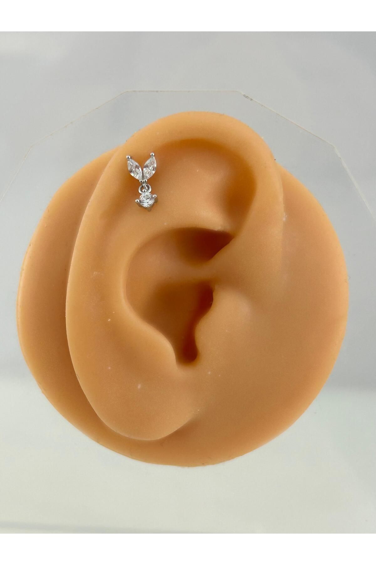 Siminkari 925 Ayar Gümüş Üzerine Rodyum Kaplama Taşlı Sallantılı Silver Piercing Tragus Helix