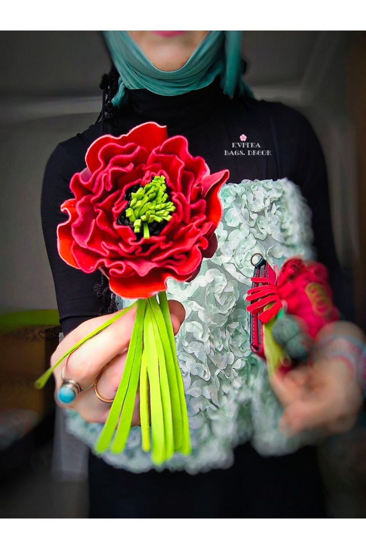 BagsDecor Abiye kırmızı yeşil Hakiki Deri çiçekli haşhaş broş